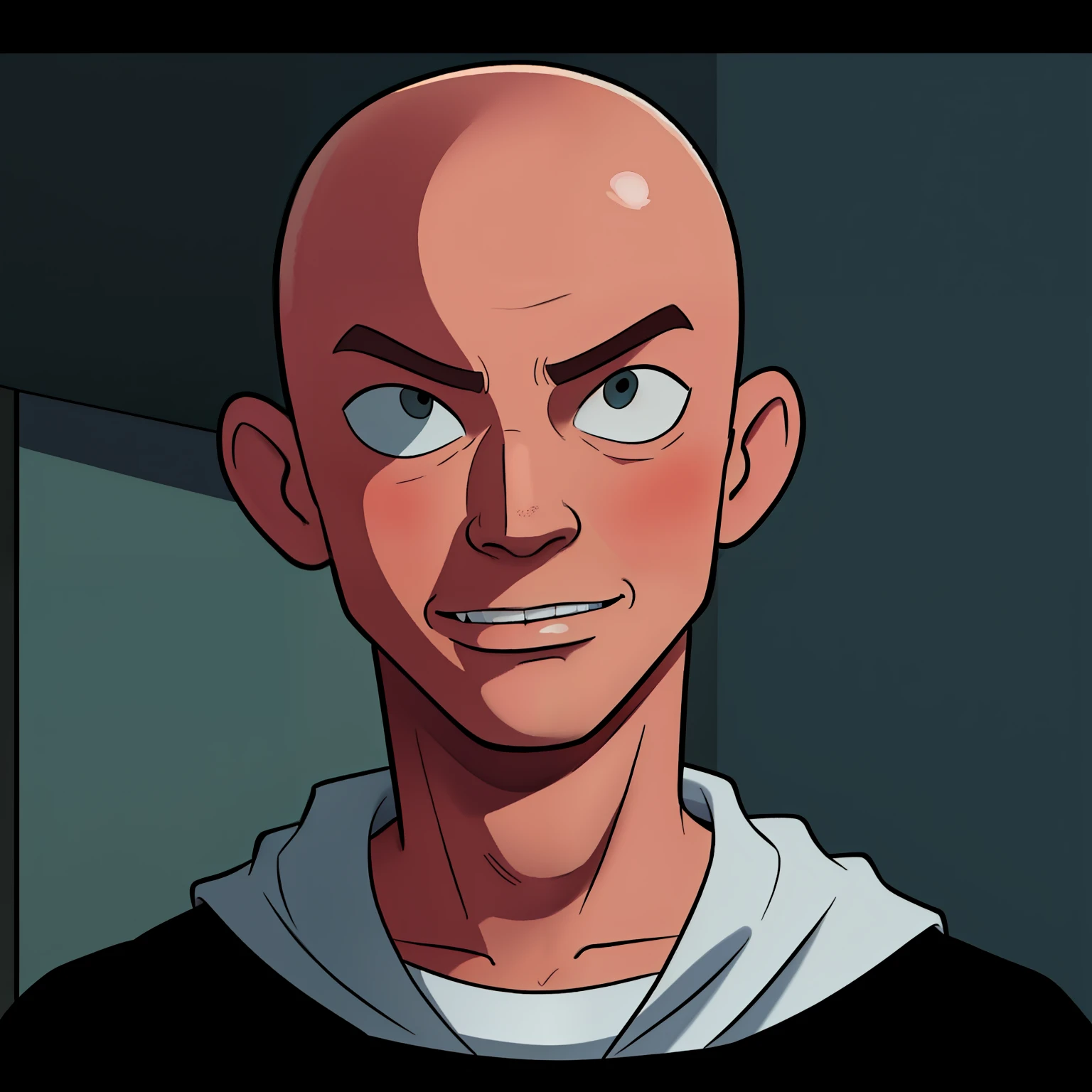 anime style, arafed teenager with bald hair and black shirt looking at camera, bald kid, hairless, no hair completely bald, bald head and menacing look, portrait of bald, partially bald, bald head, shaved head, shaved bald head, highly realistic photo, clean shaven wide wide wide face, anton fadeev 8 k, shaven face, handsome young man, cartoon