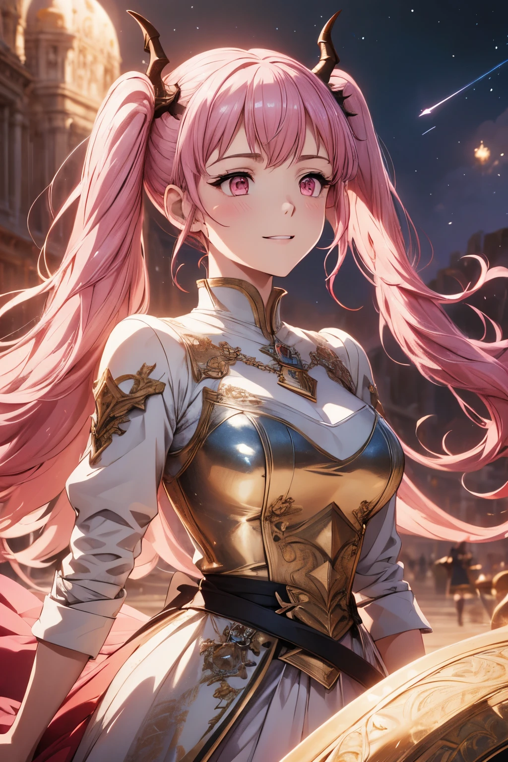 (masterpiece),(intricate details), 1girl, hilda from fire emblem, hilda, pigtails, pink hair, pink eyes, dragon horns, [[horns]], horned, big horns, arknight style, arknights character, art, 4k art, artstation, hd art, hd, ethereal background with starmaps, smiling, looking to the horizon, fully covered, highly detailed, extremely detailed art, extremely detailed face, extremely detailed eyes, dynamic pose, dynamic background, (ultra detailed eyes:0.7, beautiful and detailed face, detailed eyes:0.9), crystalline dress, [[princess dress]]