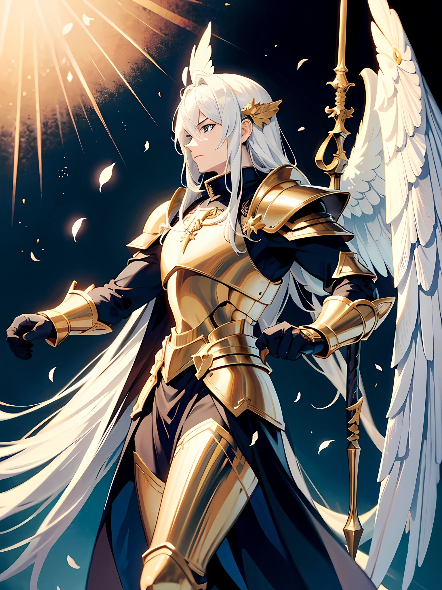 Knight, humanoid angel, wings, spear in his right hand, shield on his left arm, male, anime, guy, long hair, armour, strong, white armour, golden armour, flowers, beauty, masculine, male anime character,