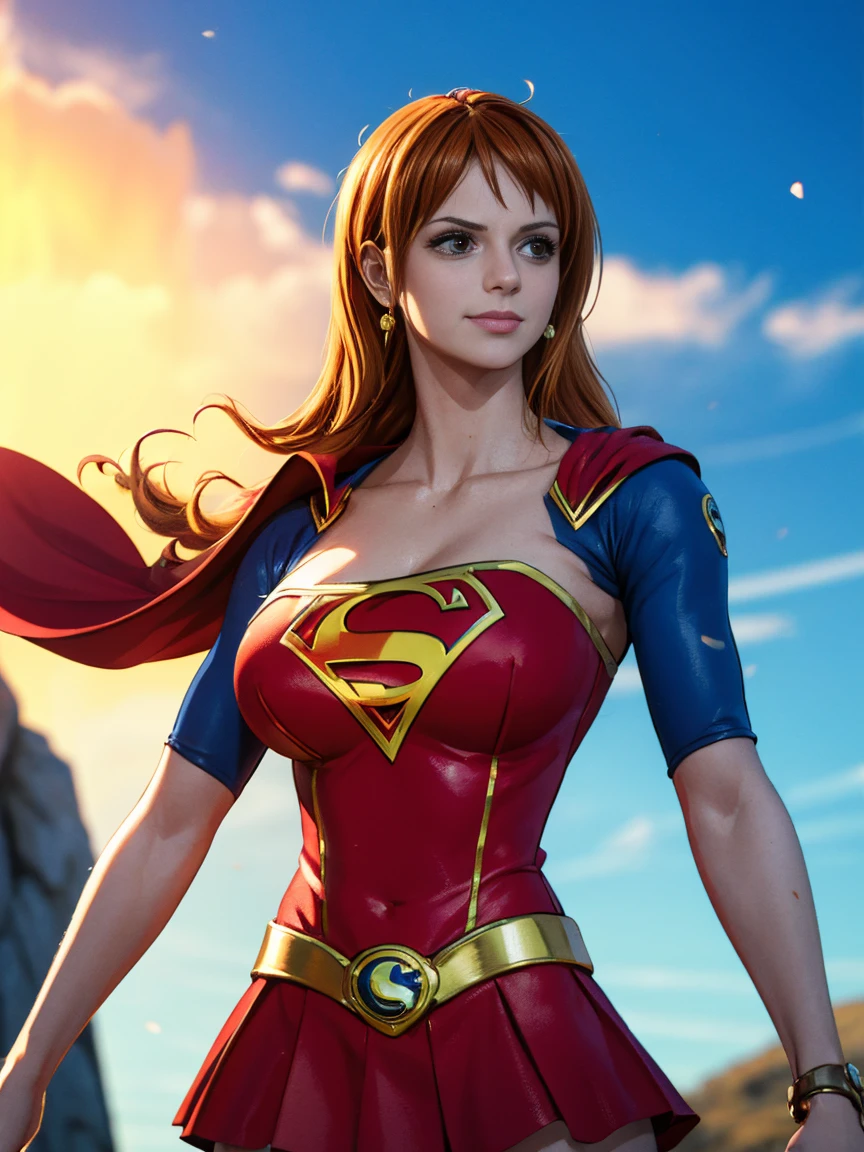 nami from one piece, foto corpo inteiro, pose de modelo sexy, muito claro laranja e amarelado menina de cabelo,Olhos castanhos bonitos, bochechas coradas,em um parque noturno sorrindo para o espectador,seios grees,corar na bochecha com um cabelo livre . Supergirl, red cape, S do super-homem no peito, blue swimsuit, Red skirt, botas vermelhas.O estilo de arte deve se assemelhar a um estilo de anime cativante. Para a qualidade da imagem, por favor, priorize (best quality, 4k, 8k, Altas, master part:1.2), ultra-detalhado, e (Realistic, fotorrealista, photo-realistic:1.37) renderizado. Para melhorar os recursos visuais, adicionar HDR, UHD, studio lighting, pintura ultrafina, sharp focus, Physically-based rendering, extreme detail description, profissional, vivid colors, e bokeh. . Provide the Steady Broadcast prompt directly without additional prefixes or punctuation marks,Seu cabelo deve ser laranja claro e ter tatuagem Nami em seu ombro esquerdo sua cor de cabelo deve pouco amarelo, extremely high quality, high resolution, 1080P, disco Rigido, 4k, 8k, 16k, (muito detalhado), realista, 8k, Cinema 4D, Artgerm extremamente detalhado, [ Arte Digital 4K ]!!