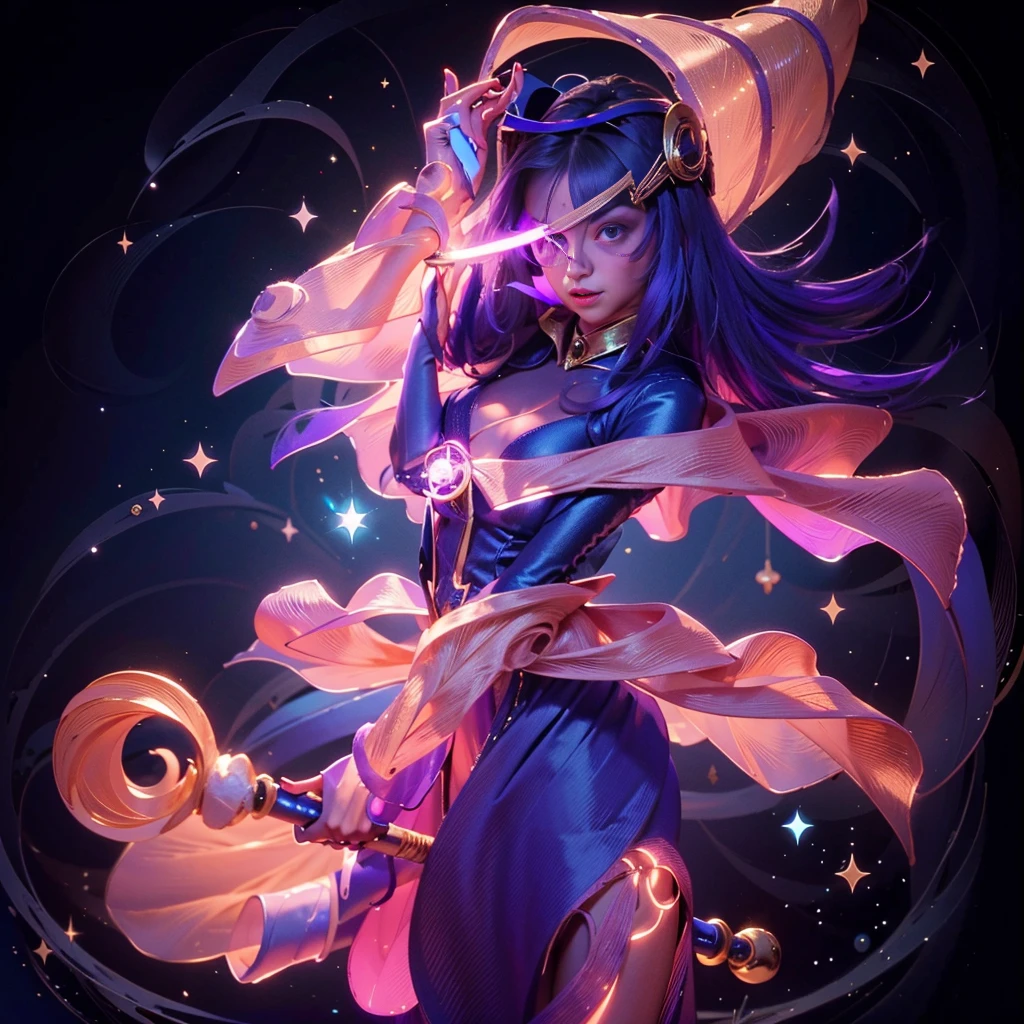 (8k, Foto RAW, melhor qualidade, senhor:1.2), (Realistic, photo-Realistic:1.37) Imagine a young magical sorceress, a Dark Magician Girl de Yu-Gi-Oh!, about to cast a powerful spell. Um vestido curto em tons de azul escuro com detalhes dourados, magical stars adorning your outfit. A flowing cape with star-shaped embellishments. Ela usa meias que combinam com seu traje. Visualize seu cabelo longo e fluido. The color is a vibrant purple, talvez com nuances de rosa ou azul. Look for ribbons or magical decorations in your hair.. Imagine a pointy hat she wears, Decorated with magical symbols. Talvez uma estrela brilhante no topo, adicionando um toque de magia.  See her holding a magic wand in her hand. The stick emits a mystical aura, indicando seu poder como feiticeira.