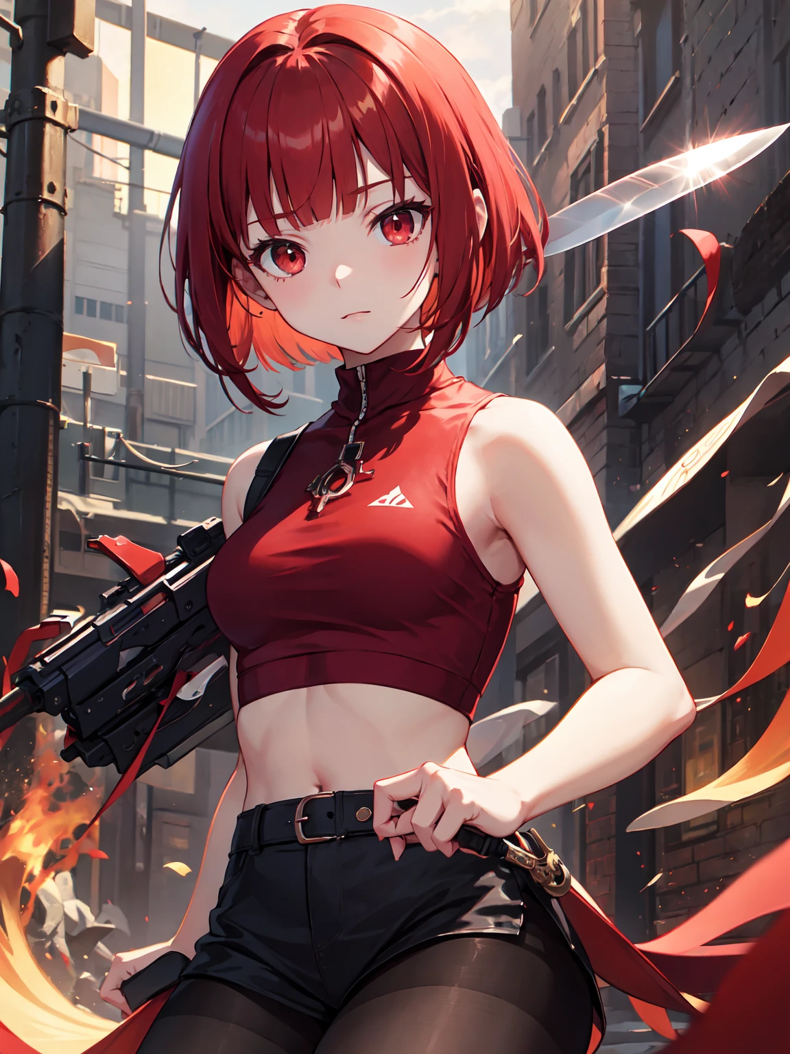 Masterpiece, super quality, 1 anime girl, short hair, red hair, blunt bangs, red eyes, wearing red crop top, holding a knife, assasin, pantyhose