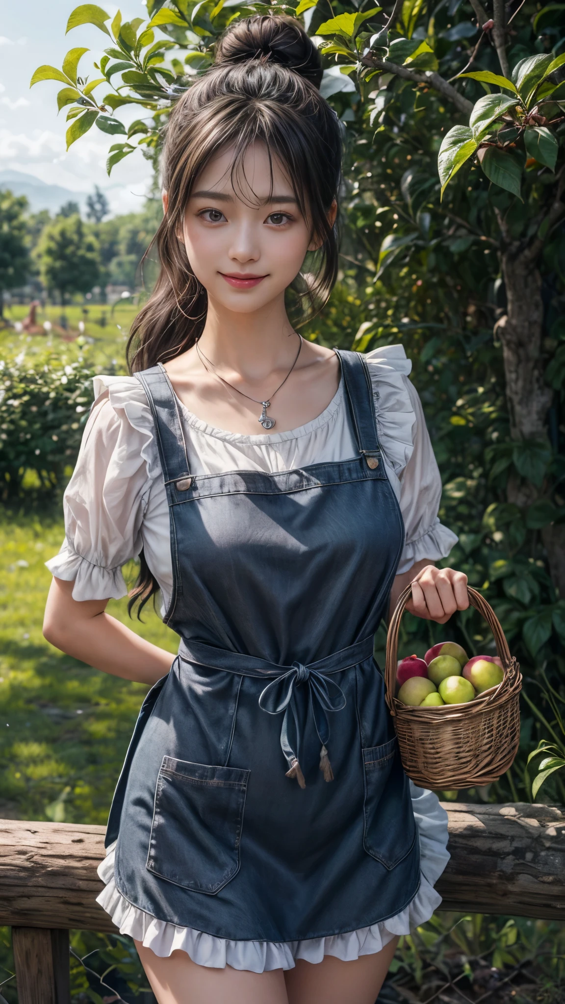 ((delicate pictures)),(Detailed RAW photos of girls), (muste piece:1.25), (best quality:1.6), (ultra high resolution:1.5), (It's photorealistic:1.75), 8K resolution, Canon EOS R5, 50mm, disorganized, Super detailed,cinematic lighting,(realistic:1.3), in detail, quality, rembrandt lighting, (masterpiece:1.2), (photorealistic:1.2), (best quality), (fine skin:1.3), (intricate details), dramatic, ray tracing, 1 girl, 21 years old, fine skin texture, (blush:0.5), (I get goosebumps:0.5), Scattered beneath the surface, smile, medium breasts, Armory, long hair, blonde hair, red eyes, hair band, hair ribbon, dress, Key Necklace, apron, frilled apron, cowboy shot, (bright sunny day, outdoor, Rows of fruit trees, Fruit orchard), japanese woman、black hair、bun hair、holding apples in a basket
