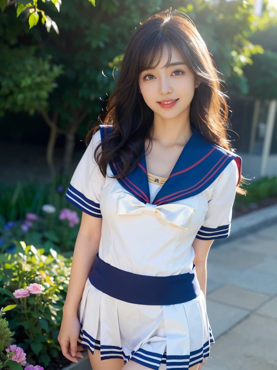 1girl standing,navy blue bikini-bottom with school-skirt-style-ruffles,sleeveless white shirt,navy blue bow tie,18year old,bangs,smiles,thighs,knees,short cut hair,poneyTail,sea and blue sky in summer,from below