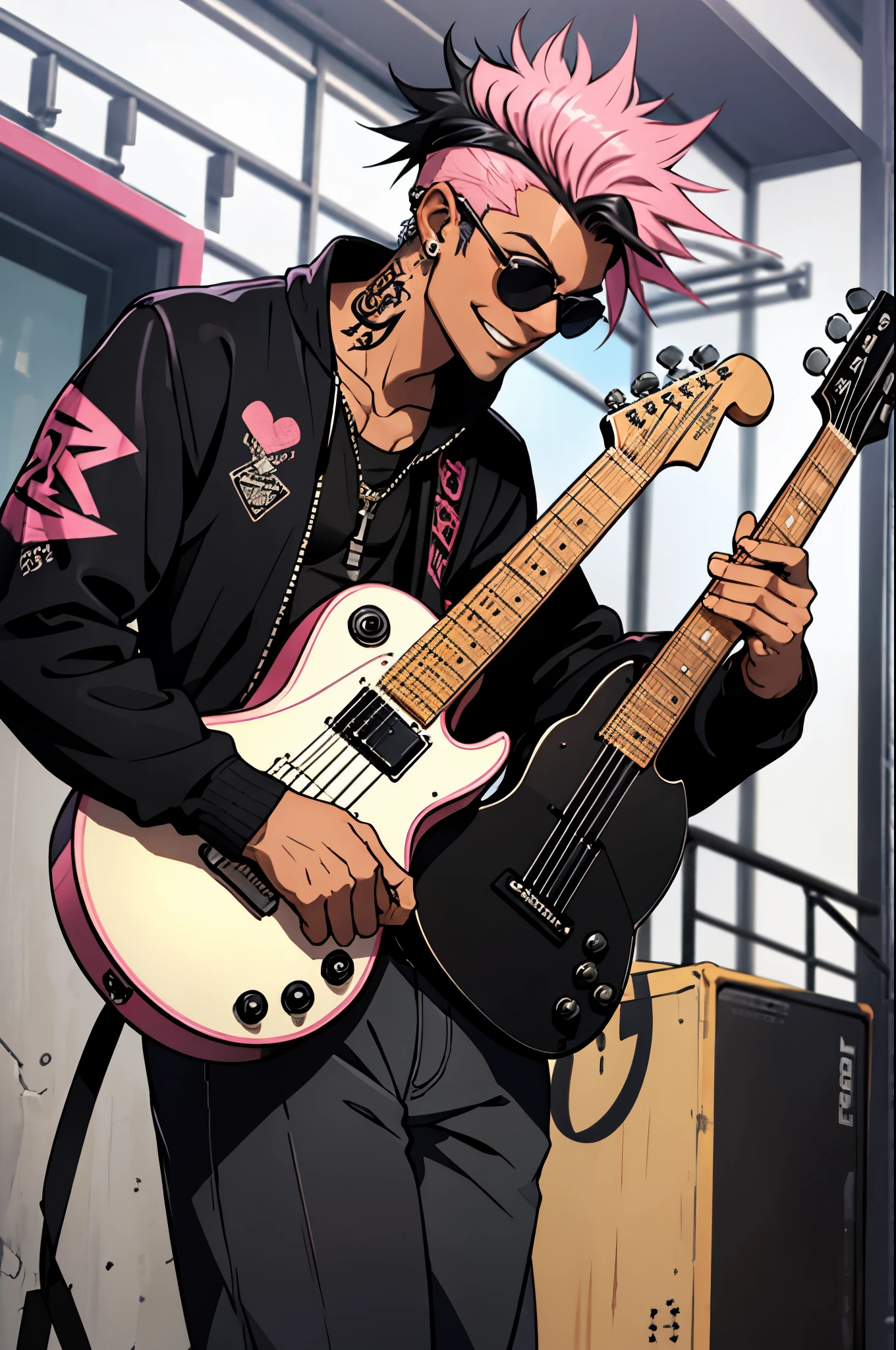 Black young man, punk clothes, cool sun glasses, punk hair, black hair, pink hair, piercings, tattoo, smile, guitar, playing guitar, atmosfera escura