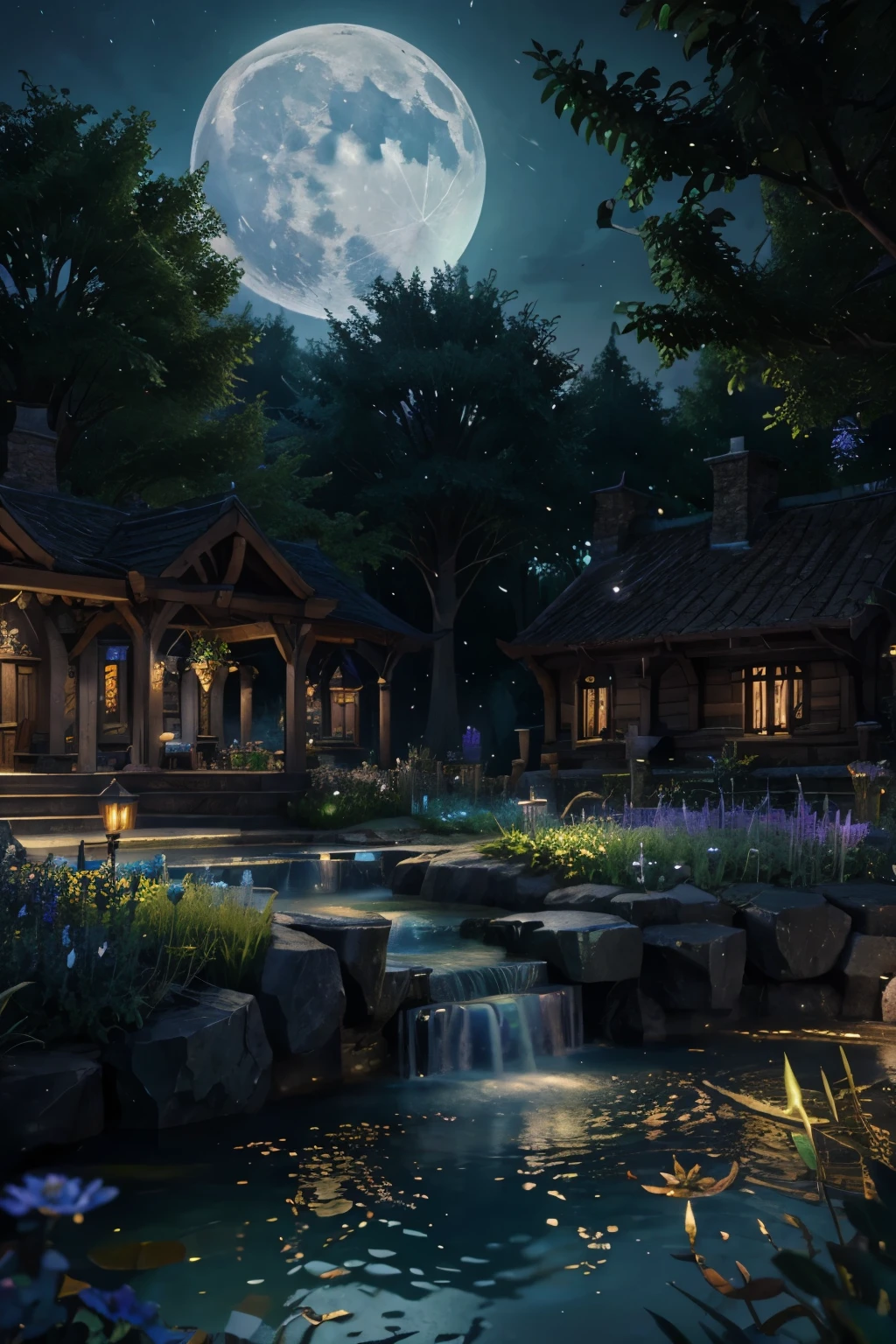world of warcraft art, night elf garden, glowing beautiful flowers, glowing blue pond, moon symbols, enchanted, serenity, magical environment, lush trees, 8K, Highly detailed, Ultra-detailed,