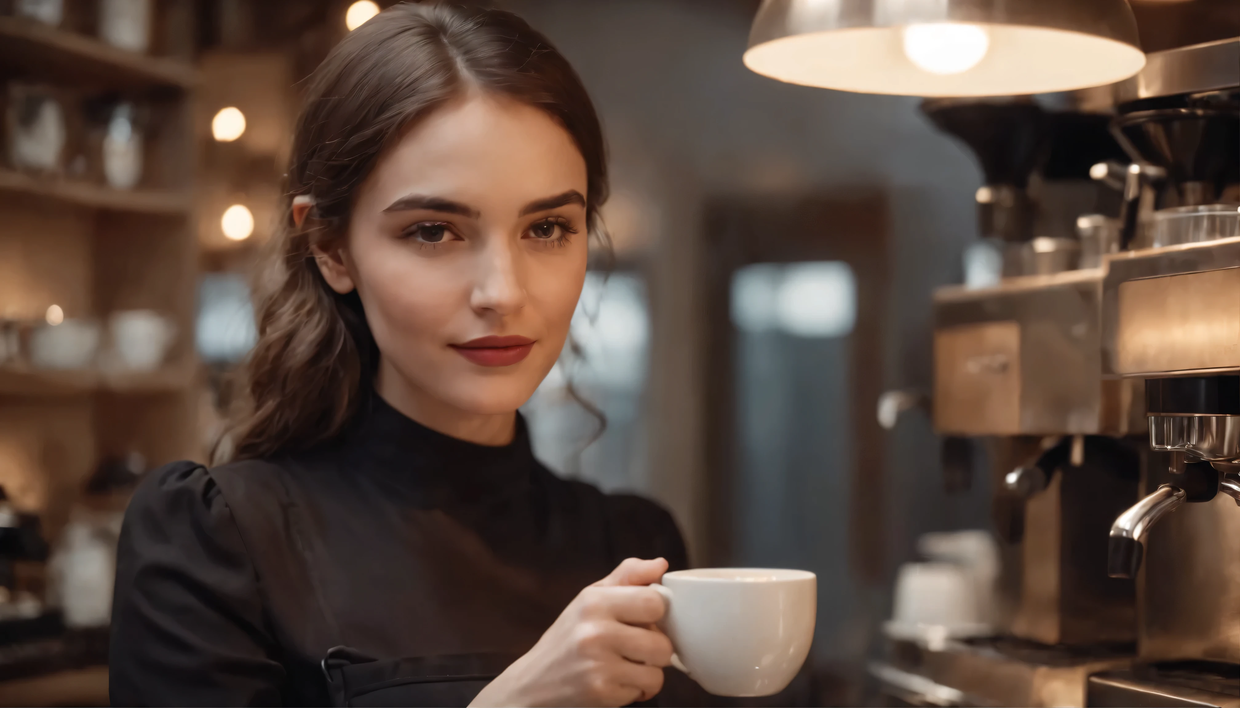 Barista grega feminina, making coffee in front of a coffee machine, estilo vintage, realista