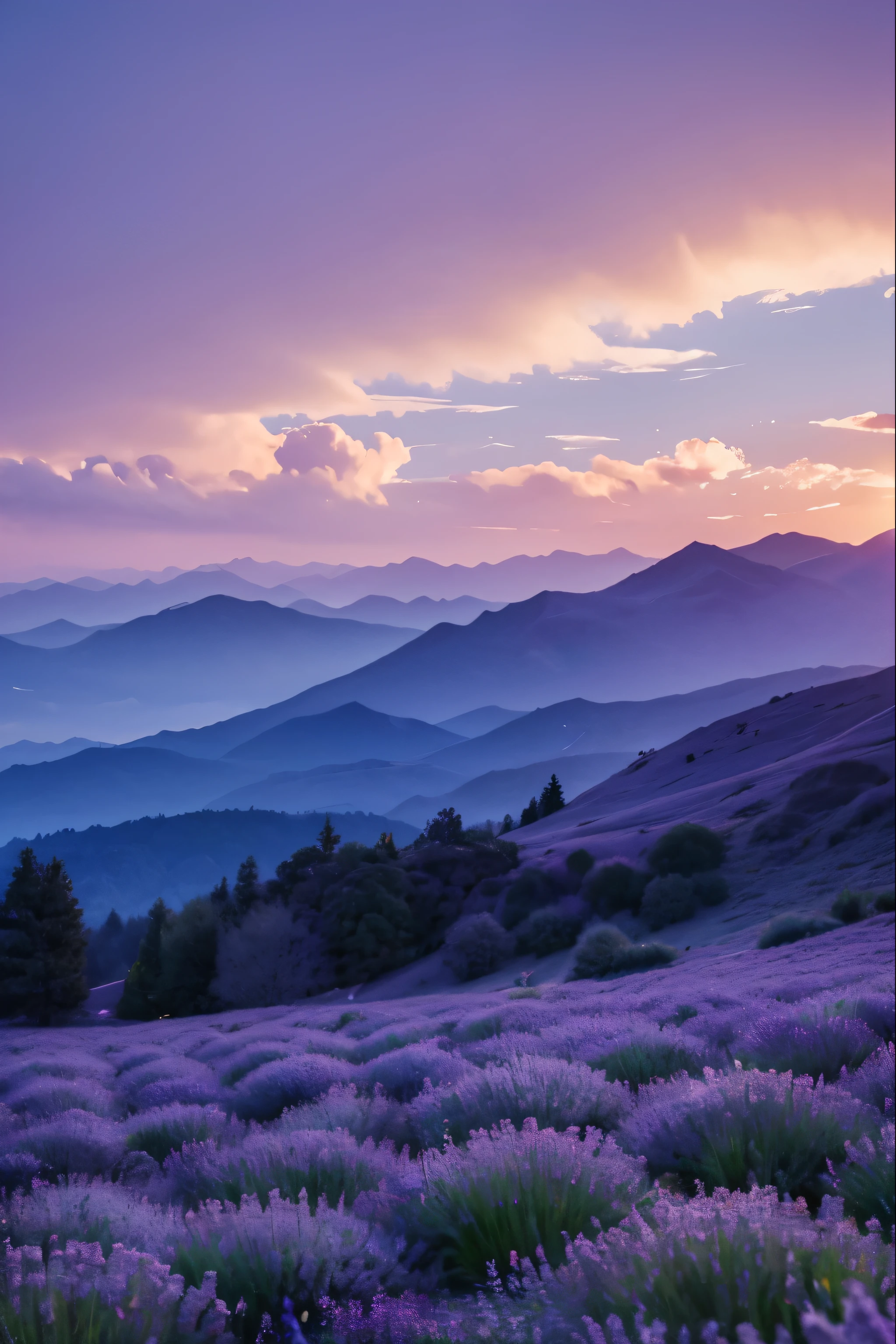 Softly lit mountain ranges in hues of lavender, blue, and pale pink, with a whisper of white clouds drifting across the sky