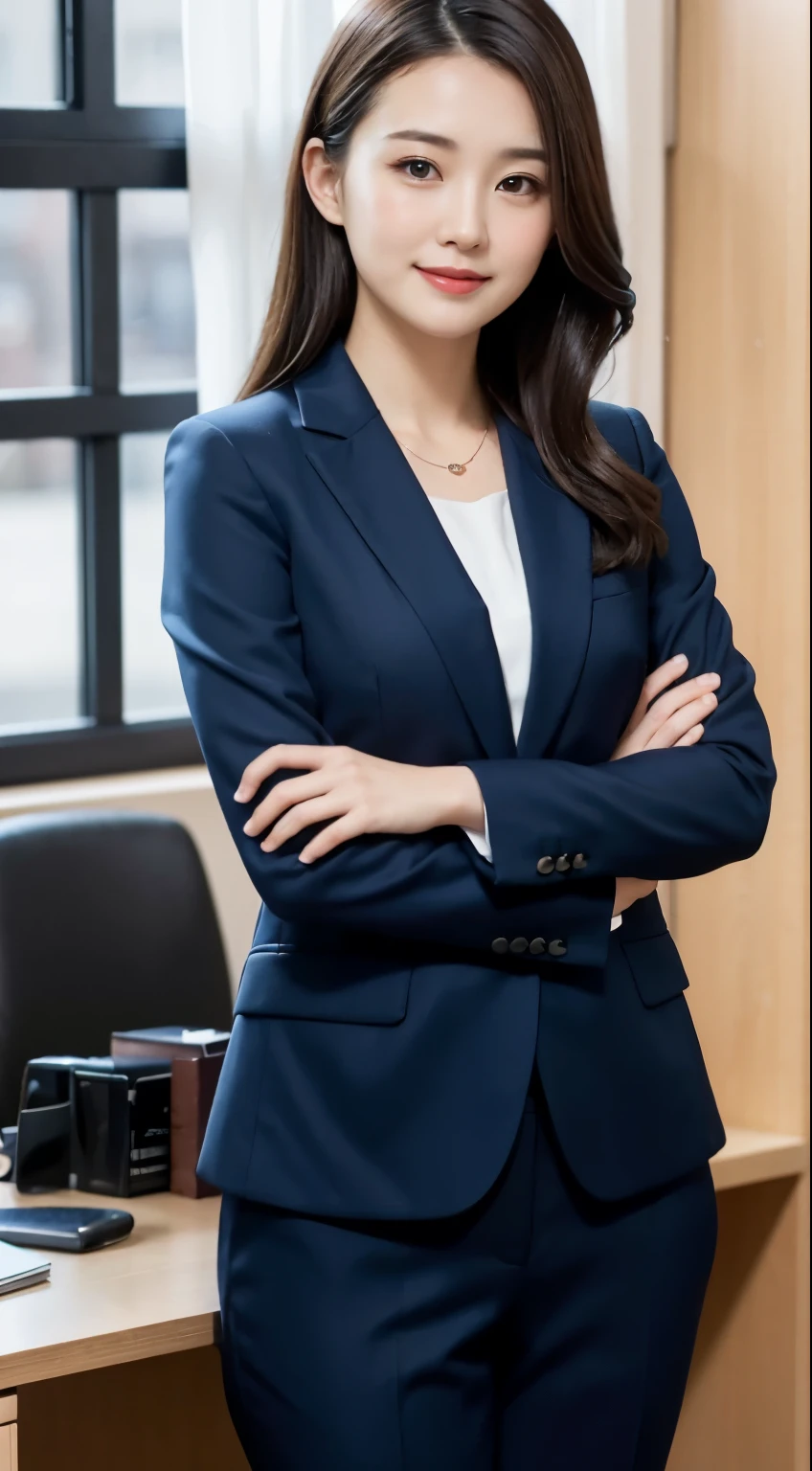 close up of legs,45 degree side,woman, 23 years old,35mm masterpiece,Navy blue suit and mini bag,Gently place your left hand on your chin,Right hand holding chest,smile,Blur in the office。