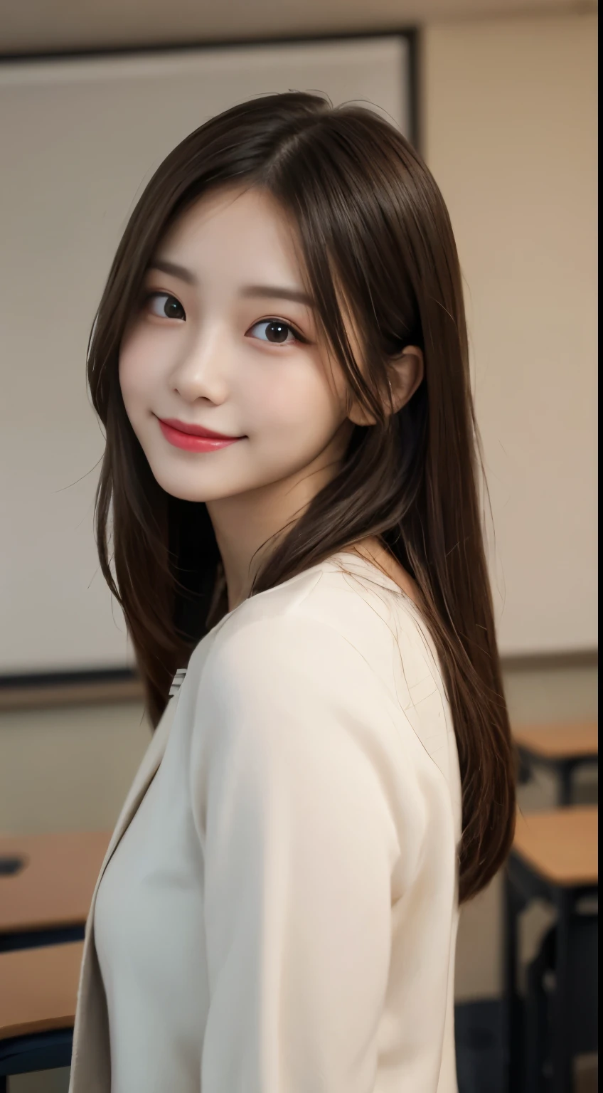table top, highest quality, figure, super detailed, finely, High resolution, 8k wallpaper, 完璧なダイナミックな構figure, beautiful and fine eyes, suit,medium hair,  natural color lip, random sexy poses,smile,classroom、20 year old girl、lifelike face、skin that looks real、realistic eyes、cute