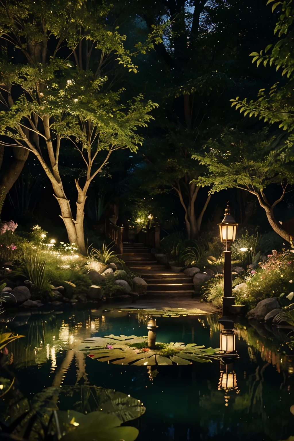 (Masterpiece), (Best quality), 8K, Highly detailed, Ultra-detailed, fantasy,  elven garden, there is a small glowing pond, glowing fantasy beautiful flowers. there are lanterns, enchanted, serenity, magical environment, lush trees. Elven fantasy style

