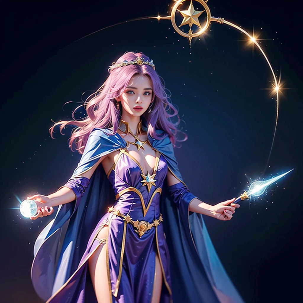 (8k, Foto RAW, melhor qualidade, senhor:1.2), (Realistic, photo-Realistic:1.37) Imagine a young magical sorceress, a Dark Magician Girl de Yu-Gi-Oh!, about to cast a powerful spell. Um vestido curto em tons de azul escuro com detalhes dourados, magical stars adorning your outfit. A flowing cape with star-shaped embellishments. Ela usa meias que combinam com seu traje. Visualize seu cabelo longo e fluido. The color is a vibrant purple, talvez com nuances de rosa ou azul. Look for ribbons or magical decorations in your hair.. Imagine a pointy hat she wears, Decorated with magical symbols. Talvez uma estrela brilhante no topo, adicionando um toque de magia.  See her holding a magic wand in her hand. The stick emits a mystical aura, indicando seu poder como feiticeira.