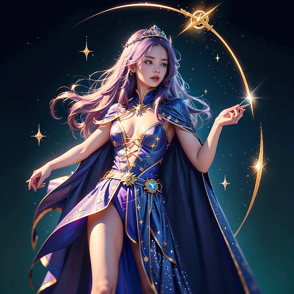 (8k, Foto RAW, melhor qualidade, senhor:1.2), (Realistic, photo-Realistic:1.37) Imagine a young magical sorceress, a Dark Magician Girl de Yu-Gi-Oh!, about to cast a powerful spell. Um vestido curto em tons de azul escuro com detalhes dourados, magical stars adorning your outfit. A flowing cape with star-shaped embellishments. Ela usa meias que combinam com seu traje. Visualize seu cabelo longo e fluido. The color is a vibrant purple, talvez com nuances de rosa ou azul. Look for ribbons or magical decorations in your hair.. Imagine a pointy hat she wears, Decorated with magical symbols. Talvez uma estrela brilhante no topo, adicionando um toque de magia.  See her holding a magic wand in her hand. The stick emits a mystical aura, indicando seu poder como feiticeira.