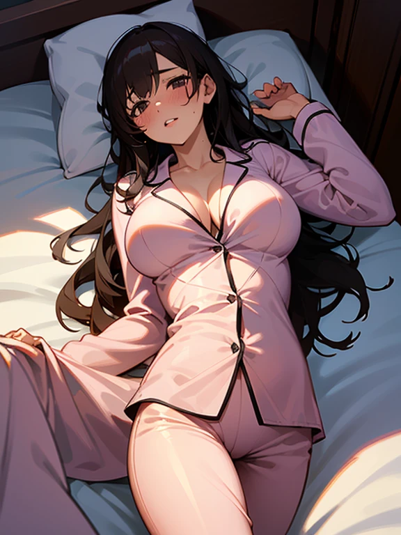 1girl, solo, (18-year-old), dark hair, long hair, bedroom bed in background, pajamas, white pajamas, lying on back,spread my legs, (large breasts), cute,shy, blush, parted lips, night, Angle from above, wet skin, steam, best quality,detailed,high resolution,