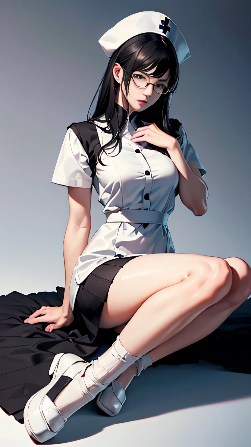Full body image, Persona 4 Sayoko Uehara, black medium hair, narrow face, Narrow Eyes, Double eyelids, Wearing a white nurse dress (nurse dress 1.5), nurse's hat, white shoes, knee high stockings, Looking at Viewer, (Detailed Face), sitting (sitting 1.4), Bust, Long Legs, Thin Waist, Buttocks, Ultra Fine Makeup, ultra fine clothes, beautiful attractive woman, highly detailed, (Realistic lighting, Top Quality, 8K, Masterpiece: 1.3)),(High Resolution), (8K), (Very Detailed), (Best Quality), (Ultra Detailed), (Masterpiece), ultra high resolution, (photorealism: 1.4)