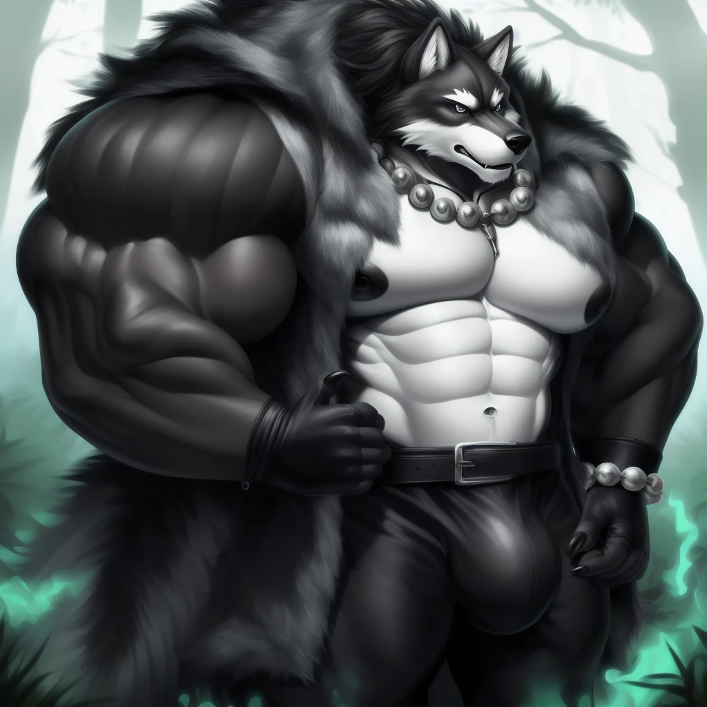 (upload on e621), (Masterpiece), (best quality), (ultra high res), 4K, (8k HD), 2D, (perfect anatomy), (digital art), (official art), (extreme detailed), (ultra detailed), (strapsanime), color, (soft shading), (sharp focus), (((silver electric aura both arms))), (((forest woods background))), 1man, (dark black body fur), (((silver pecs and belly))), (detailed fluffy fur), (ultra detailed face), detailed eyes, detailed iris eyes, detailed yellow eyes, white sclera, (black pupils), (((big navel))), (((abs))), (((fur pectoral))), (((black claw nails))), furry wolf male, mature male, (((giant size))), (((macro size))), (((full body))), (((dark black giant bulky muscular body fur))), canid, (((huge black nipples))), (huge muscles), (((hyper muscles))), (((huge pecs))), (((oversize pecs))), (((giant biceps))), canine, canis, mammal, (((powerful wolf god))), wolf male, fierce face, serious expression, (((badass))), wolf anthro, solo, standing, (((wearing full complete sleeveless long black and silver coat jacket))), (((black and silver full complete sleeveless long coat jacket))), (((dark black longest hair))), (((dark black longest back fur hair))), (((dark black longest hair fur front lay on pecs))), (((perfect fingers))), (((dark black hands and fingers))), (((five fingers))), (((wearing fingerless black and grey gloves))), (((black and grey fingerless gloves))), (((one black armbands on biceps))), (((three black armbands on forearms))) , (((large longer black prayer beads necklaces on pecs))), (((shiny effect on his prayer beads necklaces))), (((dark black and silver underside long wolf tail))), (((black long pants with silver designs with belt straps on leg))), (((silver electric aura flow his entire body))), (((black long pant black huge bulge)))