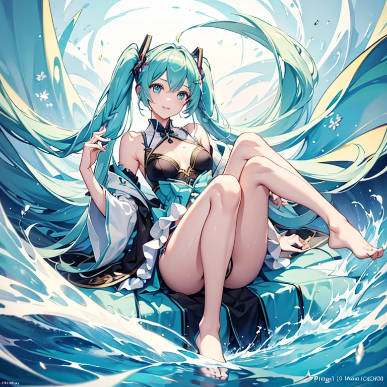 hatsune Miku、(ultra Realistic), (An illustration), (Highres), (8K), (highlydetailed), (the best illustration), (Beautiful Detailed Eyes), (beste Quality), (Super Detailed), (Master peace), (Wallpapers), (Detailed Face), solo, 1girl, Aristocratic dresses、White hair, Iris heterochromatic eyes, small moles under eye, medium chest, Long legs,Stunning composition,Foot braids,Beautiful and detailed legs