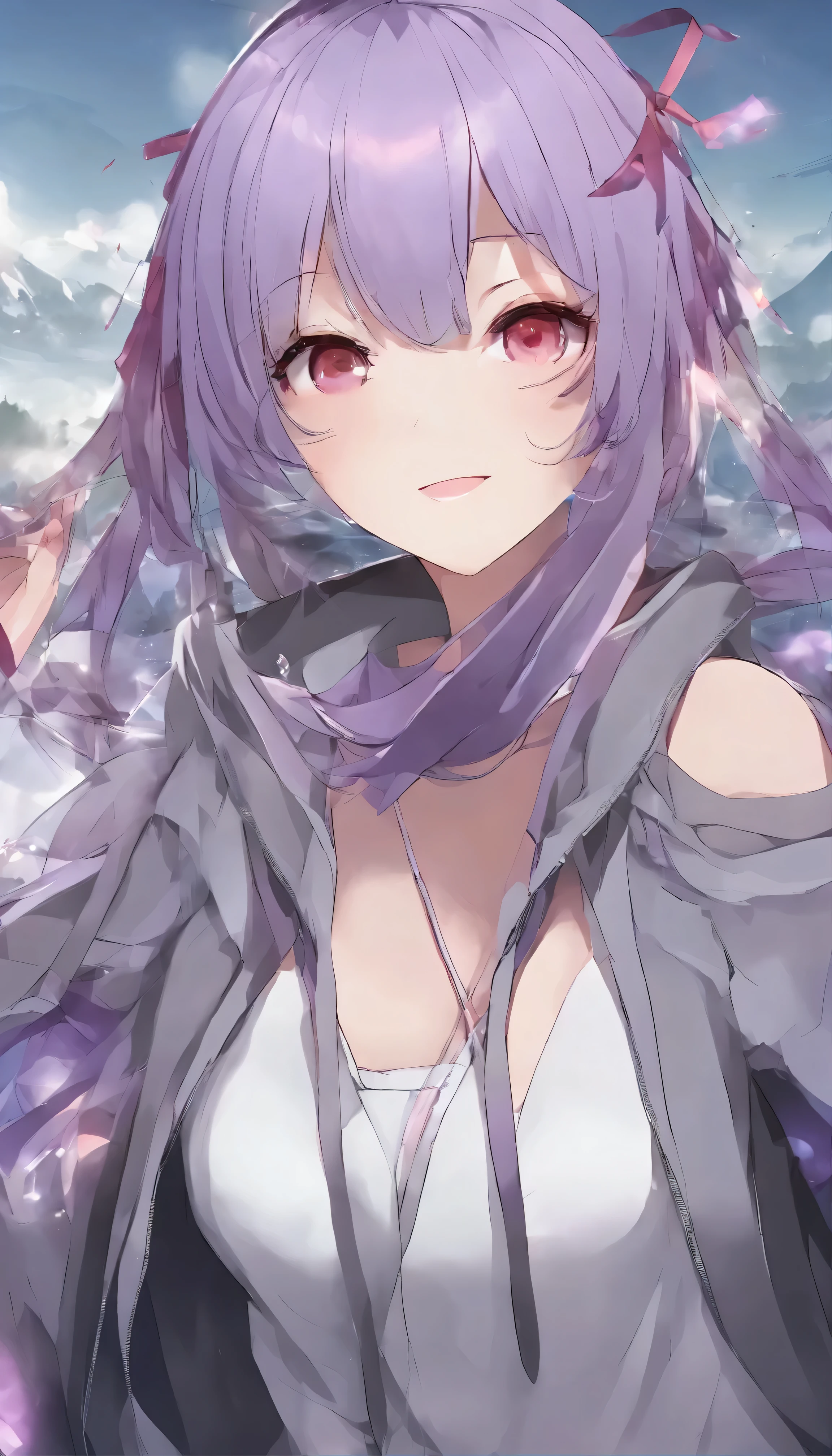 (Open hoodie), light gray hoodie, Cheveux violets, asymmetrical hair, (curly hair), prises de cheveux, side locks, hair over one eye, ((Cheveux longs)), gradient hair, ornement de cheveux, cicatrice sur la joue, capuche, [mole under the eyes], ((fou eyes)), reflet des yeux, (gradient eyes), ((heterochromia)), les yeux rouges, [se maquiller], [[saignement de nez]], fou, (embarrassed), [jaloux], rougir les oreilles, seductive smile, ((blush completely)), [Yandere], animated, animated style, [profondeur de champ], (cinema lighting), [flou de mouvement], reflecting light, ((Plan large)), d&#39;en haut, (Prise de vue au niveau des yeux), UHD, retina, chef-d&#39;artwork, accurate, Textured skin, Anatomiquement correct, high details, high quality