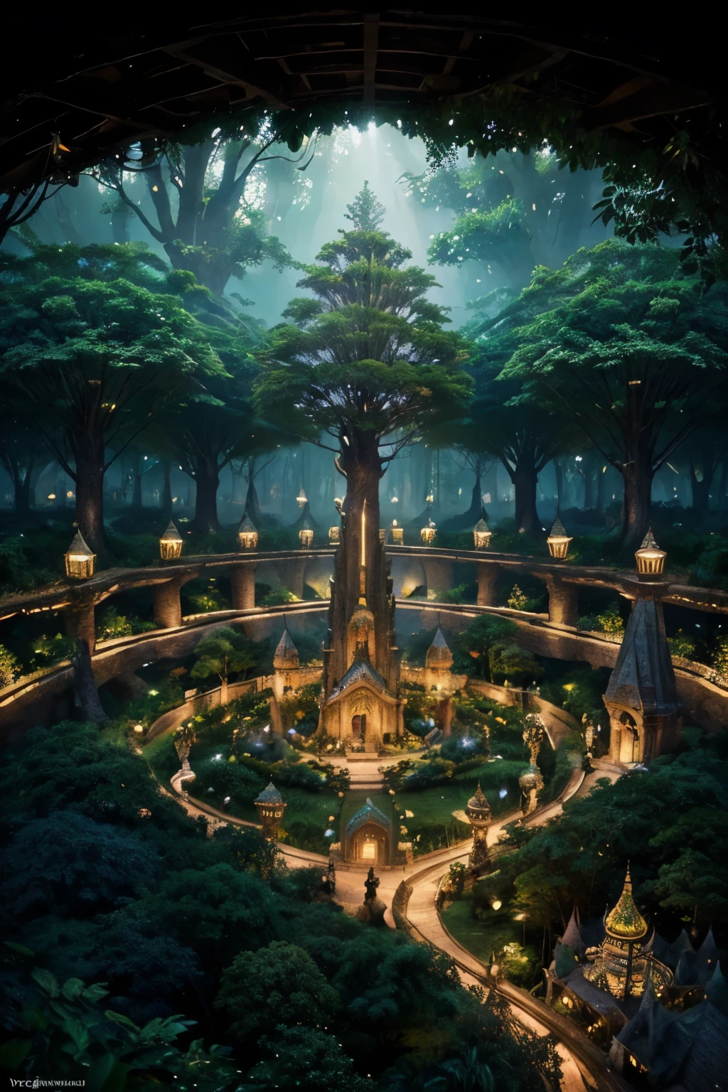 (best quality,ultra-detailed),(fantasy,imaginary) elven city,jungle,wide shot,far shot, aerial view,(magical,enchanted) world tree,tree houses,(natural magic,mystical powers),vibrant colors,(ethereal,otherworldly) lighting