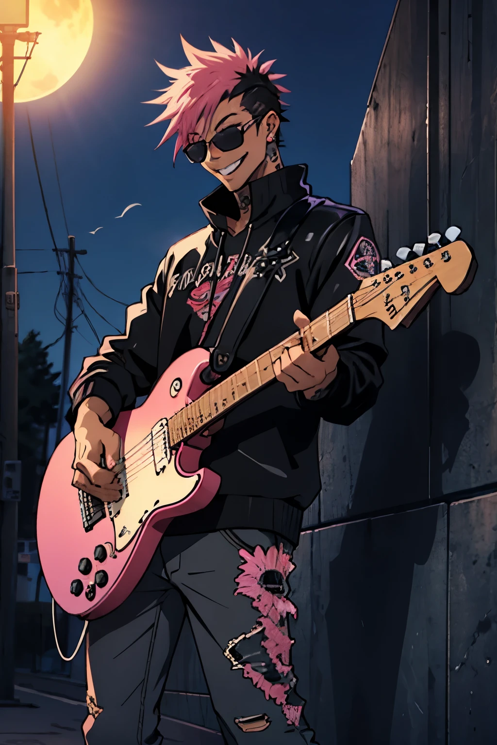 Black young man, punk clothes, cool sun glasses, punk hair, black hair, pink hair, piercings, tattoo, smile, guitar, Night, dark place