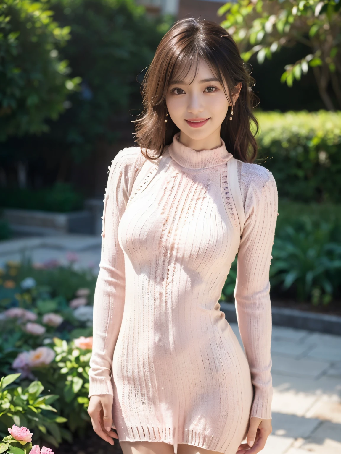 ((((highest quality))))、(((Ultra-precision CG16K wallpaper)))、(((masterpiece)))、(((Super detailed)))、(((super extreme details)))、１people&#39;s women、mature woman、25 year old woman、((Japanese face))、((very beautiful face))、((NHK Announcer、Yurika Kawaguchi:1.5))、((Soft wave semi-long hair:1.3))、(shiny hair)、bangs up to eyebrows、beautiful brown hair、beautiful delicate eyes、brown eyes、C-shaped eyebrows、high nose、small nostrils、small mouth、seductive lips、mouth slightly open、beautiful breasts、C cup size breasts、cleavage、plump body、perfect proportions、perfect anatomy、perfect composition、beautiful detailed shading、beautiful natural lighting、beautiful detail glow、Depth of bounds written、(((High chroma)))、(((real:1.9)))、((vivid:1.4))、((beautiful skin))、((skin texture))、((realな皮膚感))、(((cowboy shot:1.5)))、((Angle seen from the front:1.5))、((smile:1.4))、(Eyes looking at me:1.2)、bright sunshine、(((garden:1.3)))、(standing pose:1.5)、(((Pink beige rib knit one-piece dress clothing:1.5)))、