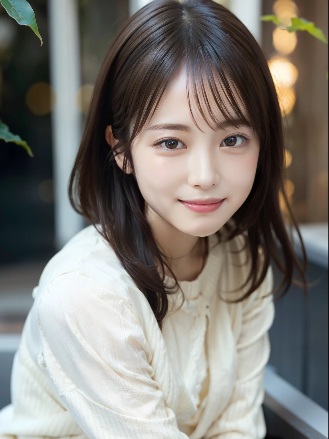 In 8K,highest quality:1.4, Super high resolution:1.5, (realistic:1.4),masterpiece:1.2,(highest quality:1.4)、 RAW photo、Japan girls in casual clothes、looking at the viewer、pose with a smile、High resolution、very detailed、movie lighting、high resolution、super detailed、natural skin texture:1.3, Realistic eye and face details:1.7、coffee 、Nogizaka, cute face、30 years old:1.5、rough skin:1.2, Beautiful smile, Detailed cafe、 (shy smile:1.2)、Medium chest、beautiful and delicate eyes、(sweater:1.1)、full body shot、black pantyhose、autumn leaves、sculpture installation、mini skirt、beautiful feet