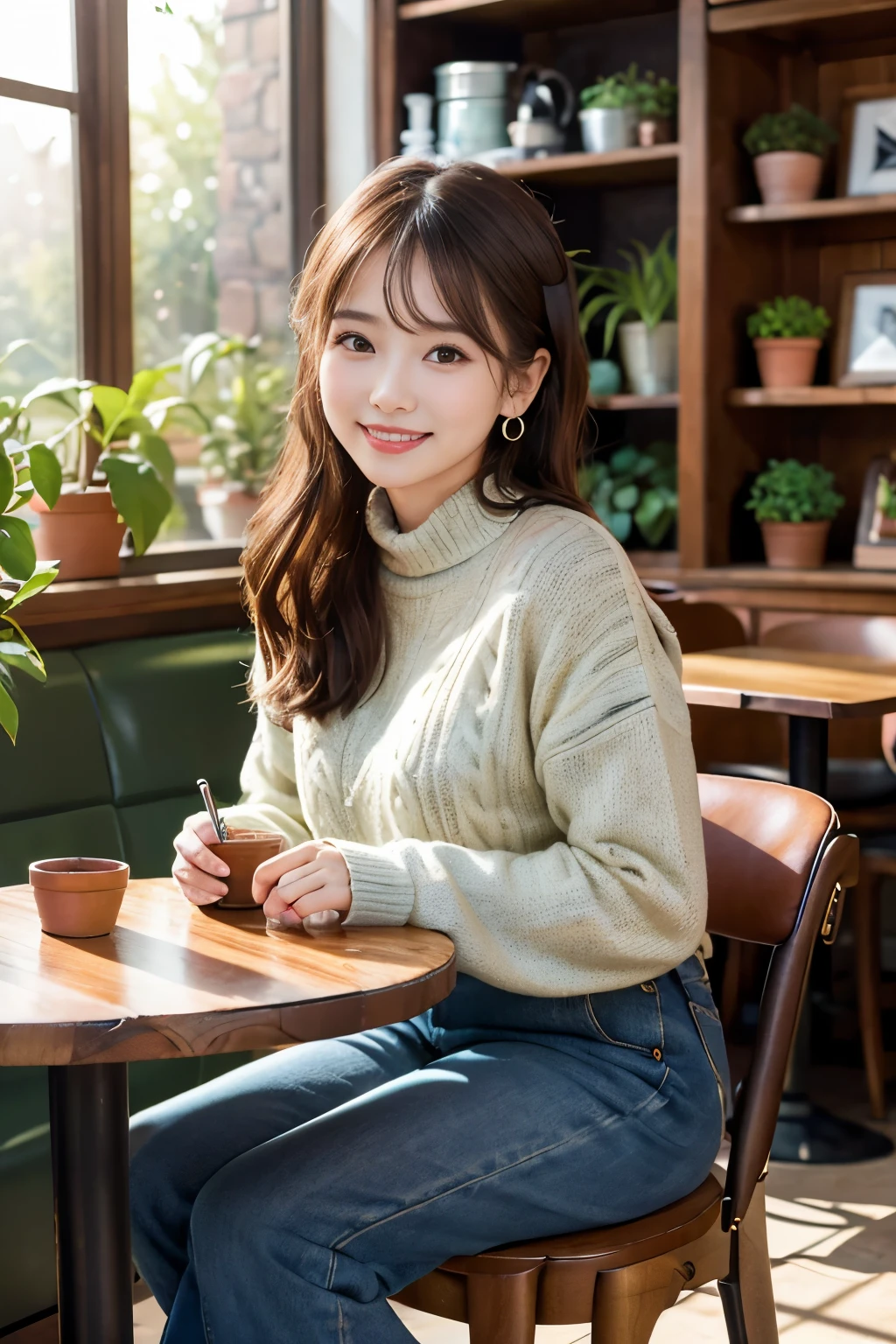 Japanese ID ,((cute ,baby face:1.2)),(8K, RAW photo, Super detailed, highest quality:1.2), (realistic, Photoreal:1.4), (very detailed, ultra high resolution ,beautiful, table top:1.2), ,very detailed顔と目,shiny skin,(Upper body:1.professional lighting,soft light, sharp focus, Depth of written boundary,(ponytail,smile:1.2) ,earrings, (sweater :1.3),Bokeh,( A cozy, vintage-style cafe interior filled with wooden tables and plush chairs, sunlight streaming through large windows, and shelves lined with books and potted plants :1.3)
