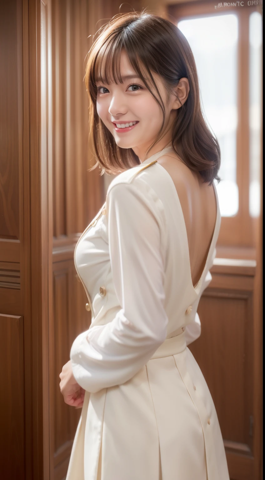 Enhanced dynamic perspective，cute cute beautiful girl，JK uniform，look at me and smile，simple back gown，works of masters，high quality，4K resolution，super fine，fine pubic hair，Accurate，cinematic lighting，Retain original facial proportions、(big and full breasts)、((button gap))
