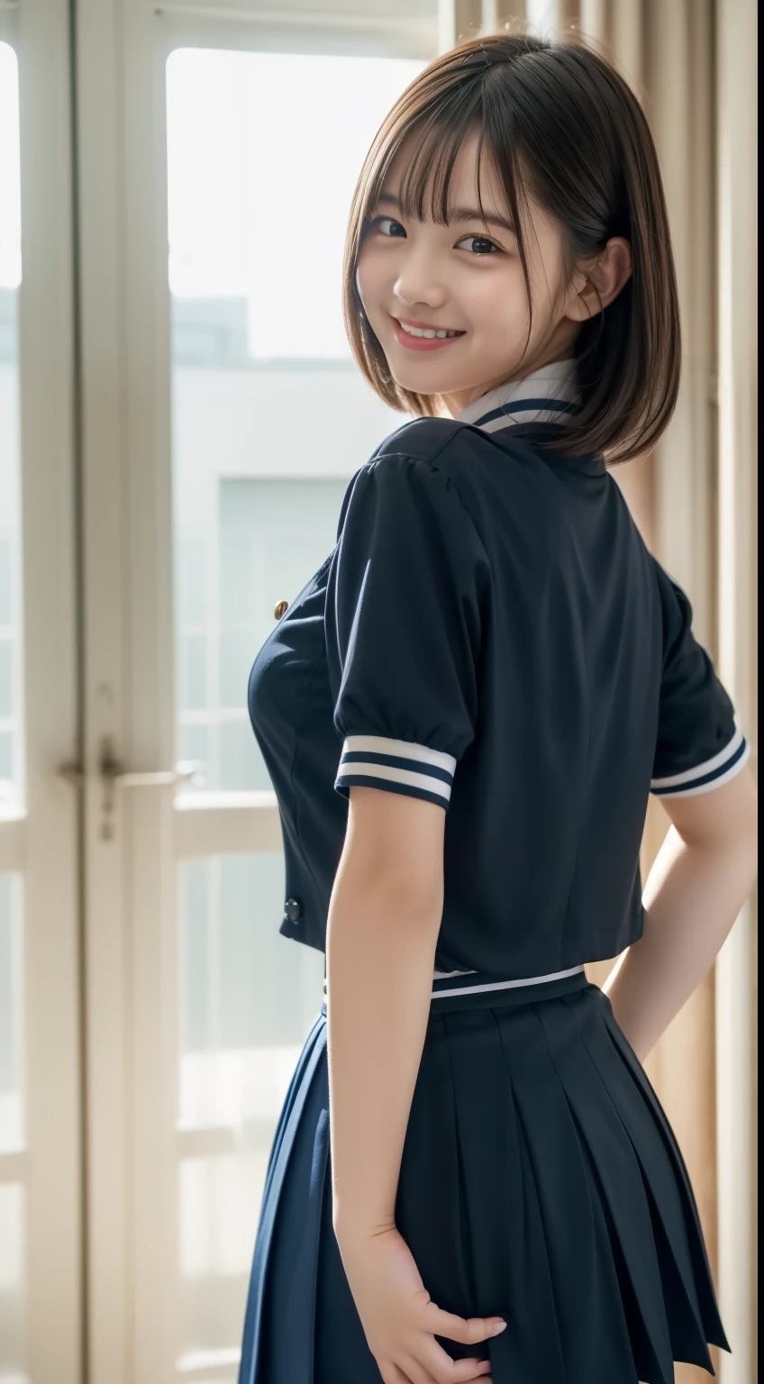 (Best Quality,8K,超hight resolution:1.2),(Cute s),(Huge breasts), ((top-quality)), 1beautiful woman, accurate anatomy, perfectly proportions, Colossal tits:1.4,(NSFW), 1womanl, Solo, 13years, (cute face), (Ideal ratio body proportions), ((a sailor suit)), ((Costumes must be worn)), Skirt lifted by the wind, You can see the whole panties, panties focus, Long escalator, (Super close-up of buttocks), ((Point your butt at the camera)), stick out buttocks, Emphasize ass, Smiling smile, short-hair, Dark hair, Colossal tits, A slender, Big buttocks, Skinny Legs, zettai ryouiki, thighs thighs thighs thighs, knee high, Pleated miniskirt, surrealism, Cinematic lighting, depth of fields, One-person viewpoint, F/1.8, 135 mm, masutepiece, ccurate, Anatomically correct, Textured skin, Super Detail, high details, High quality, awardwinning, Best Quality, hight resolution, 8K,13years, Junior high school girl, (short-hair:1.5), Delicate body