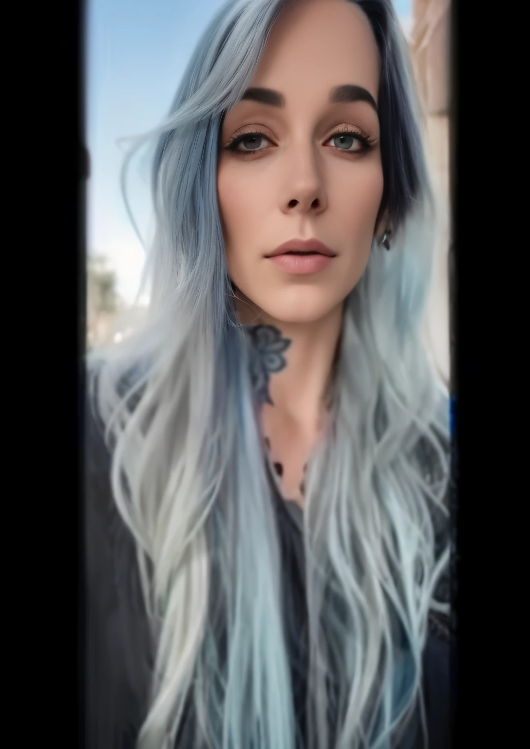 um close up de uma mulher com cabelos longos e uma camisa preta, flowy white grey hair, cabelo prateado!!, her hair is silver, Angie Glock, post-processed), cabelo prateado, ((tons de azul esverdeado)), azul e cinza, flowing cabelo prateado, alguns cabelos grisalhos, cabelo turquesa, Pele Cinzenta. grunge, Vanessa Ives, tom legal