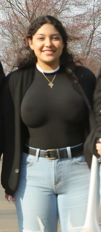 there are three people standing next to each other on a sidewalk, full body picture, zoomed out full body, top half of body, full body shot close up, close up half body shot, middle body shot, a black choker, neck zoomed in, with straight black hair, black top, upper body close up, Big tits, huge tits, no clothes, sexy, cute, wide hips, thick thighs, pear-shaped body, minimal clothes, thick, bbw, chubby stomach, thick nipples, nipple piercings, large areola, hard nipples, piercing through shirt, nipples hard through shirt, chubby stomach showing, tummy spilling over the side, muffin top, panties only, no pants, pants off, stomach too big for panties, small crop top shirt, major cleavage, nipples showing through shirt, very short crop top with fat stomach showing