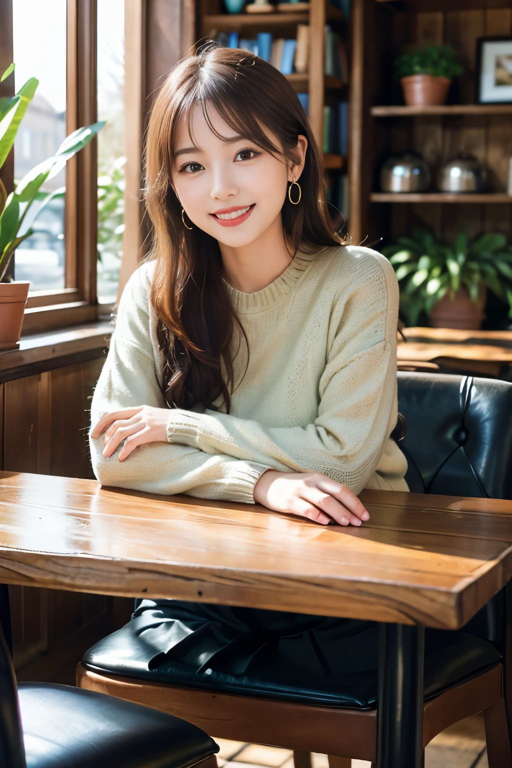 Japanese ID ,((cute ,baby face:1.2)),(8K, RAW photo, Super detailed, highest quality:1.2), (realistic, Photoreal:1.4), (very detailed, ultra high resolution ,beautiful, table top:1.2), ,very detailed顔と目,shiny skin,(Upper body:1.professional lighting,soft light, sharp focus, Depth of written boundary,(ponytail,smile:1.2) ,earrings, (sweater :1.3),Bokeh,( A cozy, vintage-style cafe interior filled with wooden tables and plush chairs, sunlight streaming through large windows, and shelves lined with books and potted plants :1.3)