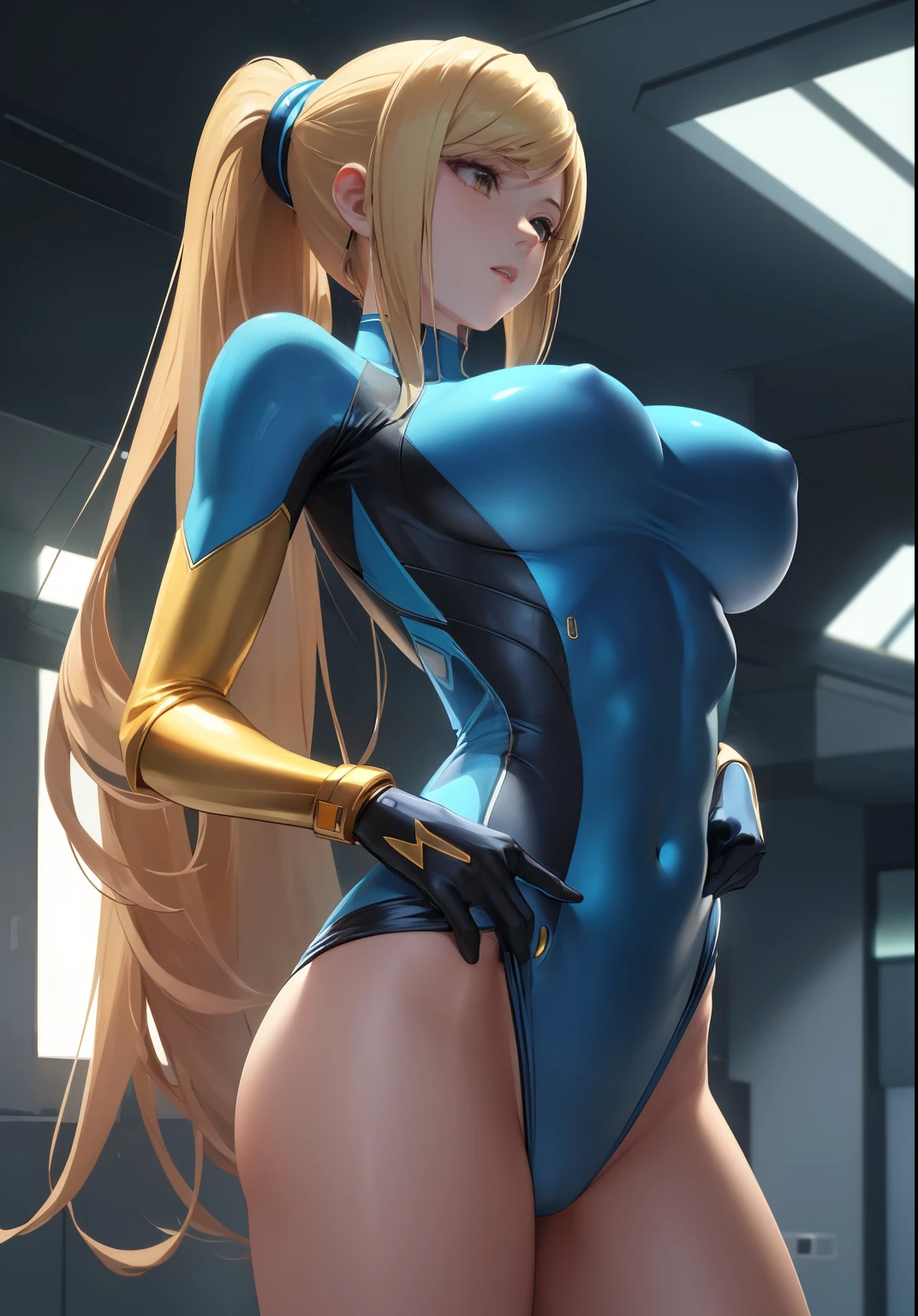 ((jacket lift、shirt lift、nsfw)),((big breasts、shiny skin:1.4、nipples are visible)),(nipples peek:1.1),(anime,masterpiece, highest quality, highest quality,beautiful and aesthetic:1.2,professional illustration:1.1,ultra detail:1.3, official art, professional illustration, Super detailed depiction, Super precise depiction, Highly detailed 8K illustrations, High resolution, ultra detailed painting, soft shadow), (girl), Samus Aran, cool beauty, mature woman, (golden long hair), (ponytail), big breasts, perfect body, pubic hair, blue Samus Aran suit,Inside a spaceship attacked by aliens、