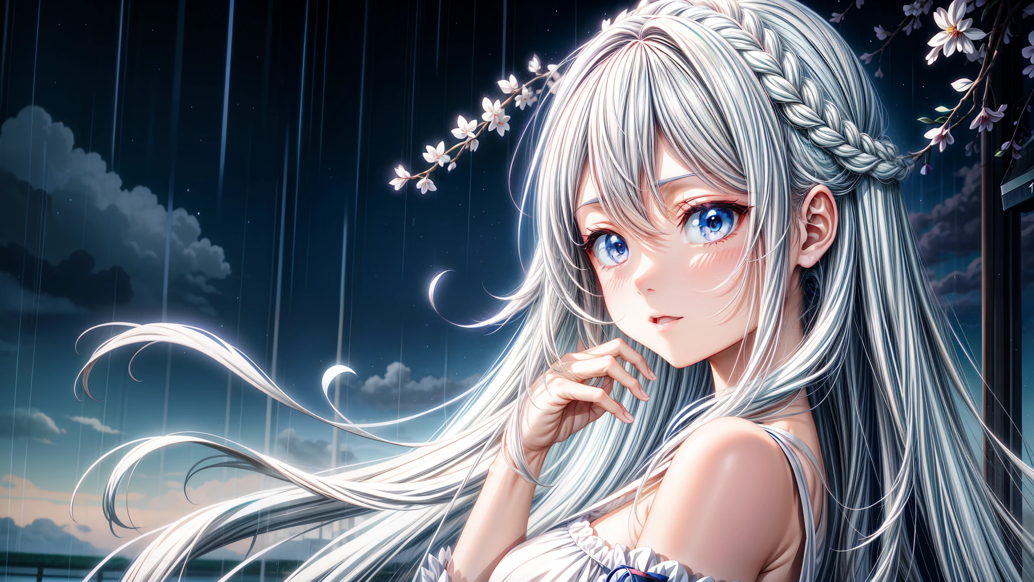 Chica anime con largo cabello blanco y ojos azules parada bajo la lluvia., estilo anime 4k, chica con pelo blanco, nocturno, perfect pelo blanco girl, Fondo de pantalla animado 4K, fondo de pantalla animado 4k, Fondo de pantalla animado 4K, hermoso retrato animado, pelo blanco, fondo de pantalla de anime hd, Fondo de pantalla de arte anime 4k, Fondo de pantalla de arte anime 4K, anime wallaper