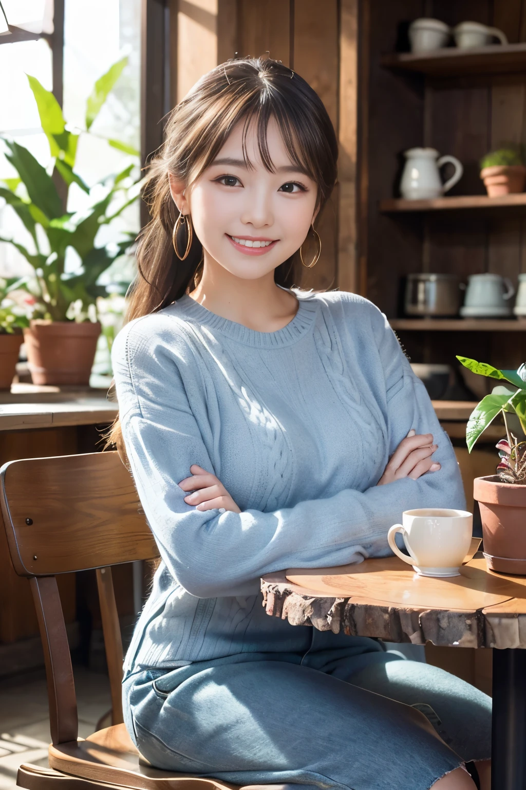 Japanese ID ,((cute ,:1.2)),(8K, RAW photo, Super detailed, highest quality:1.2), (realistic, Photoreal:1.4), (very detailed, ultra high resolution ,beautiful, table top:1.2), ,very detailed顔と目,shiny skin,(Upper body:1.professional lighting,soft light, sharp focus, Depth of written boundary,(ponytail,smile:1.4) ,earrings, (sweater :1.3),Bokeh,( A cozy, vintage-style cafe interior filled with wooden tables and plush chairs, sunlight streaming through large windows, and shelves lined with books and potted plants :1.3)