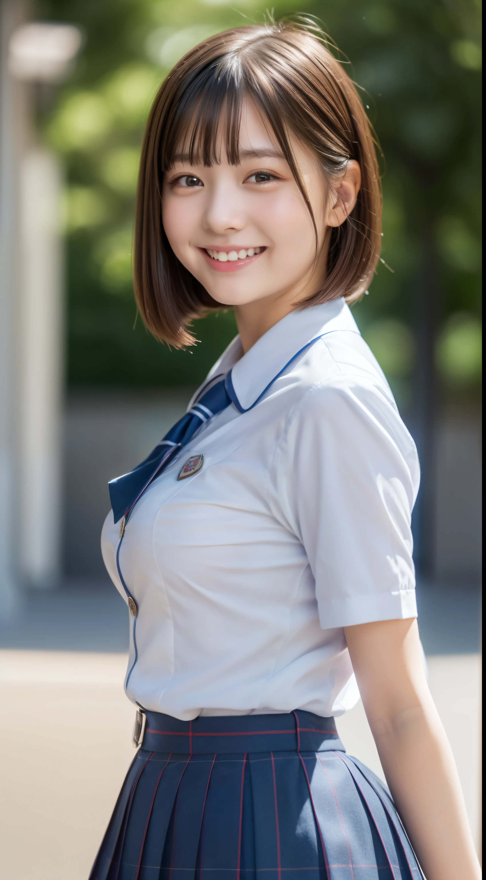 Enhanced dynamic perspective,cute cute beautiful girl,((school uniform, short sleeve shirt))、((button gap)), short pleated skirt、look at me and smile,simple back gown,works of masters,high quality,4K resolution,super fine,Fine pubic hair,Accurate,cinematic lighting,Maintain original facial proportions、(huge breasts)、