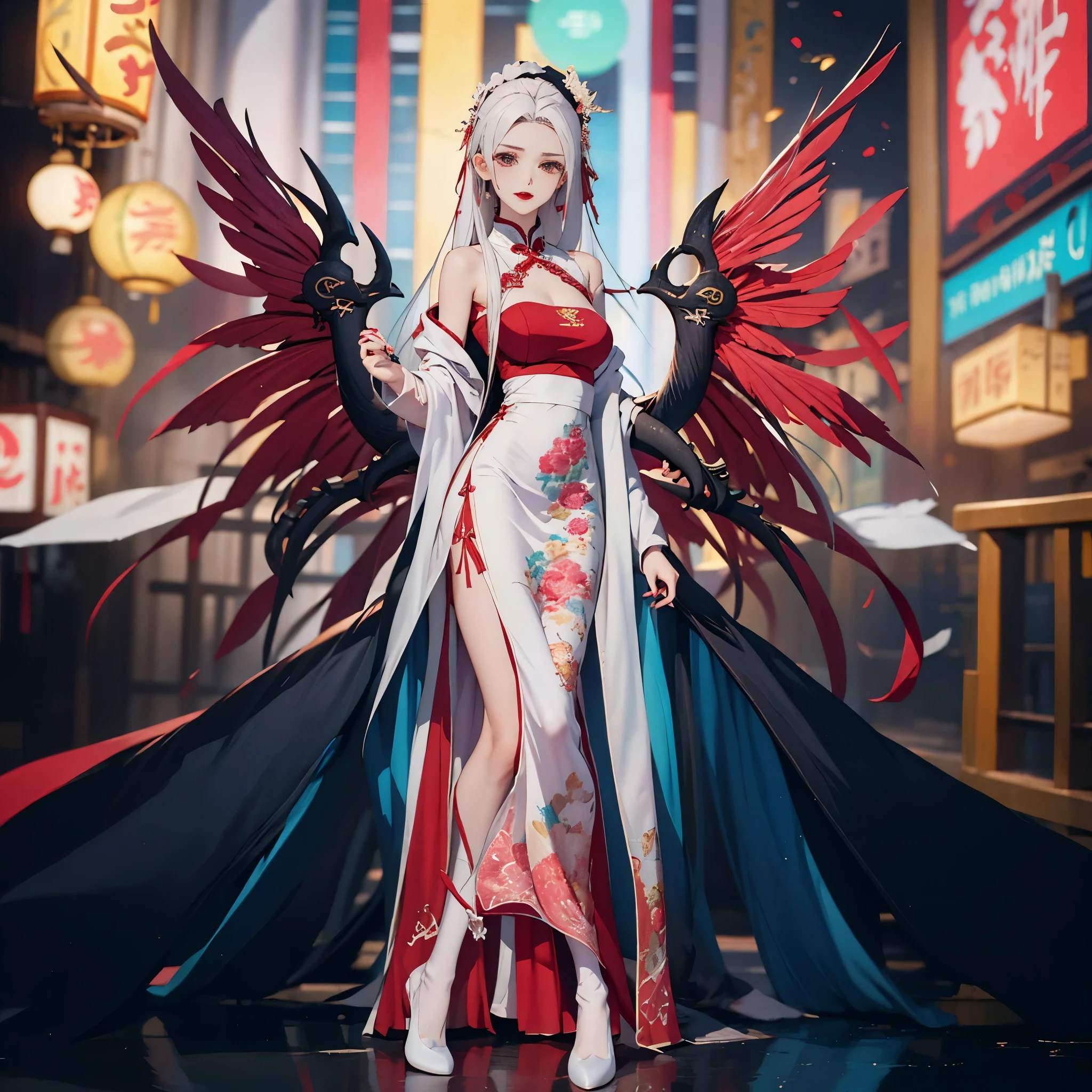 (Hands:1.1), ,better_hands, nice hands, perfect hands, Black background,Fashion cheongsam,nail polish,lace trim,gradient,contrapposto,cyan long dress,lace,red lips, (full body:0.7), white thighhighs,white hair,crossed legs,,Fashion cheongsam,better_hands,xuer pistol,raidenshogundef