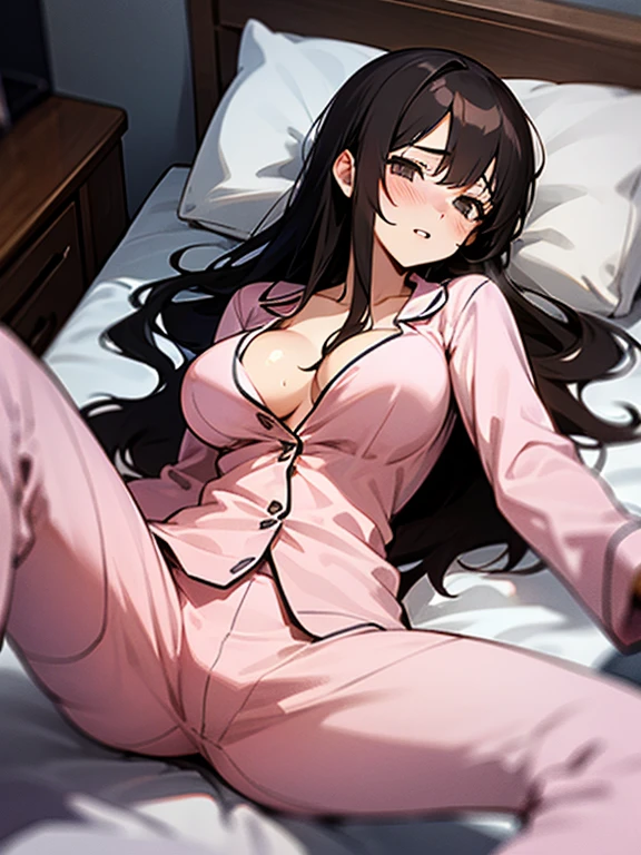 1girl, solo, (18-year-old), dark hair, long hair, bedroom bed in background, pajamas, white pajamas, lying on back,spread my legs, (large breasts), cute,shy, blush, parted lips, night, pov, sweat, steam, best quality,detailed,high resolution,