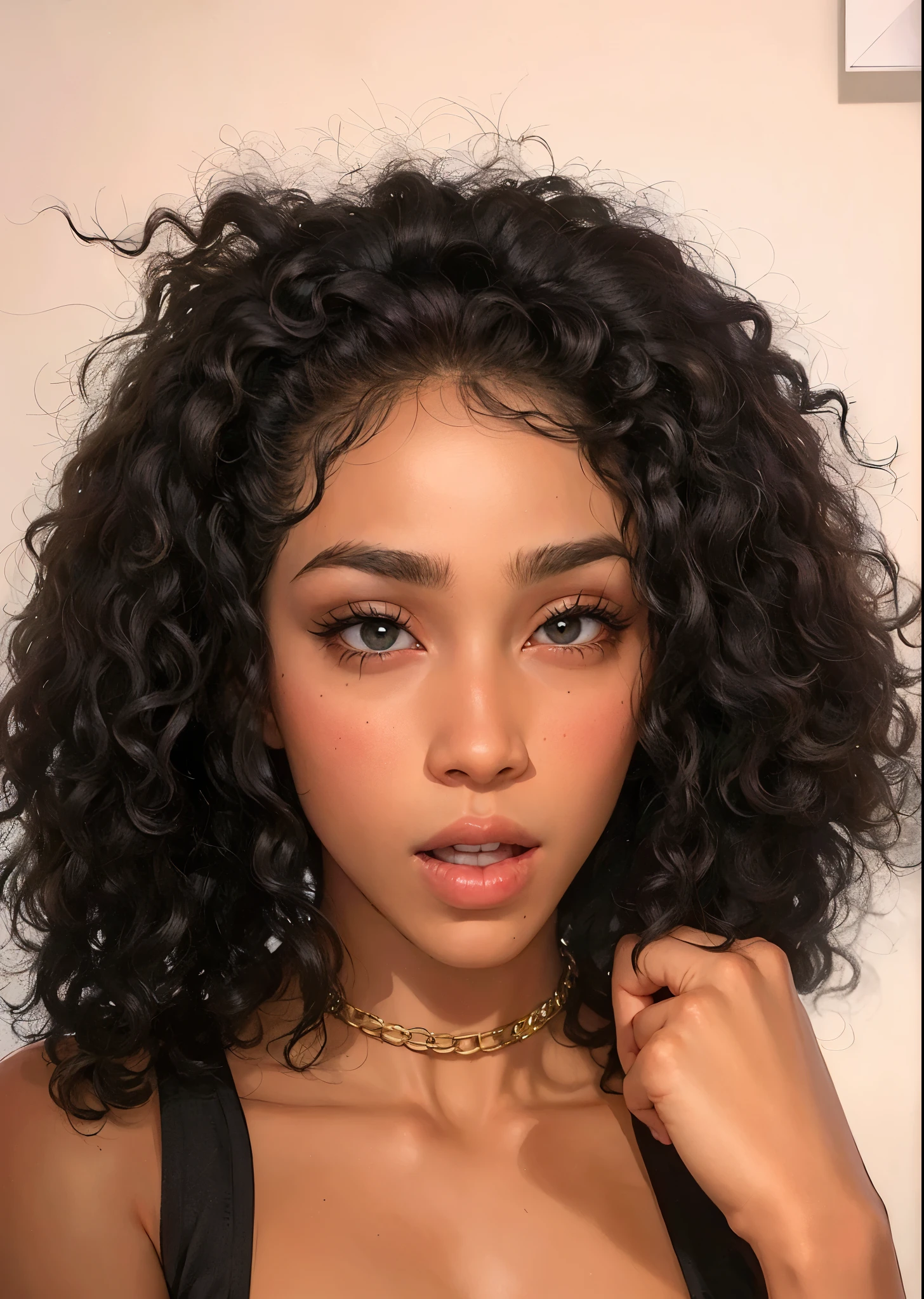 Un primer plano de una mujer con un top negro y un collar, corte de pelo rizado en la parte media, pelo rizado negro, short pelo rizado negro, pelo rizado, afro rizado, pelo superior rizado y corto, pelo corto y rizado, el pelo negro y rizado, dark pelo corto y rizado smiling, con cabello y piel texturizados, pelo oscuro y rizado, (shorter dark curly hair), very pelo corto y rizado