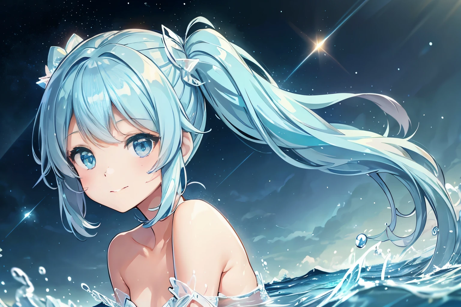 {{{table top}}}, {{best quality, Super delicate illustration, beautiful and delicate water}}, {{very delicate light}}, {{nature, painting}}, {{Fine Lighting, more transparent stars, Very fine 8K PCG wallpaper}}, (plateau), sunrise, randomly distributed clouds, cliff, ((rotating starry sky)), Beautiful girl with long light blue hair with luminous particles、twin tails、adorable smile、facing the front、super gloss metallic coral yellow suit
