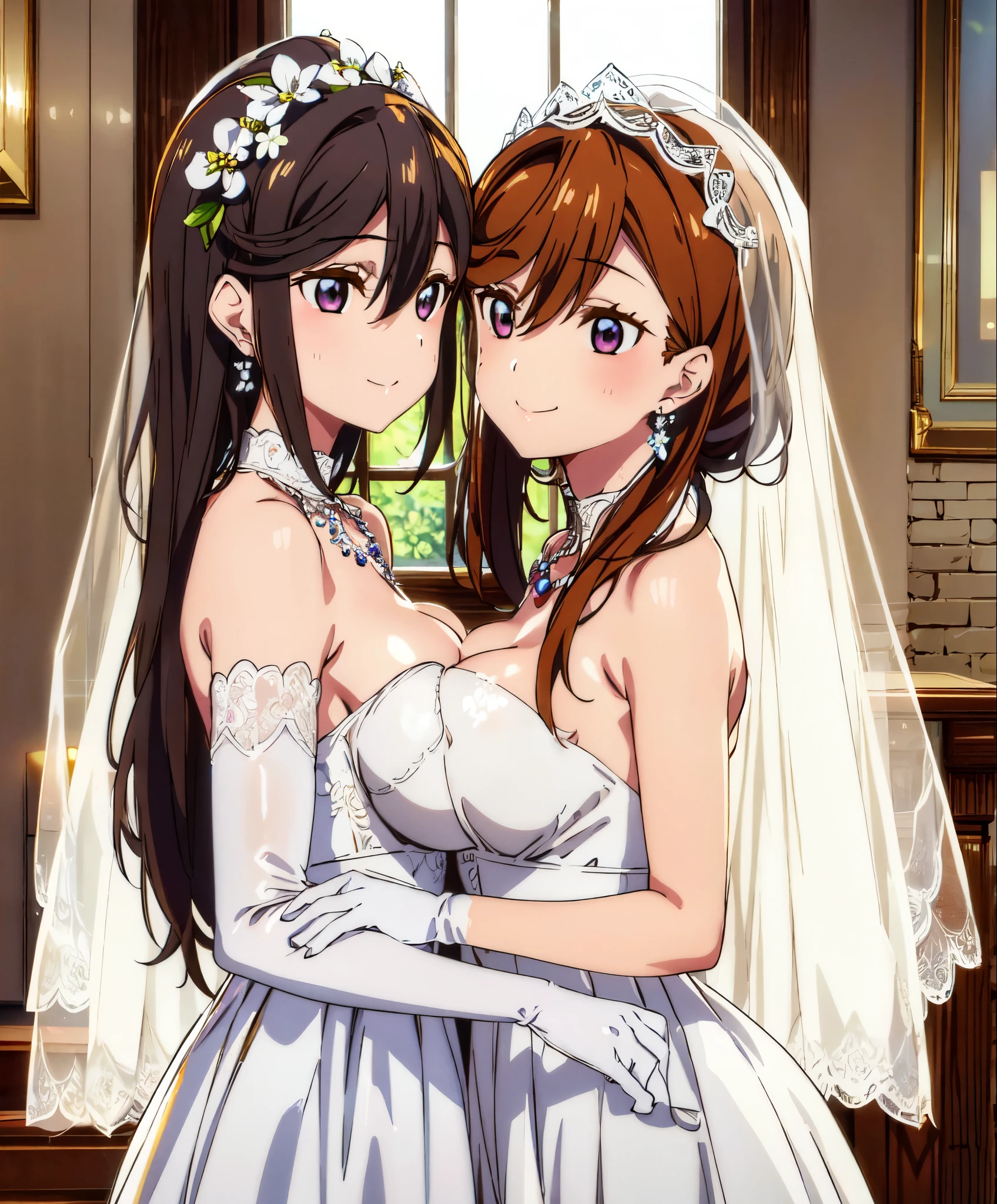 (((Pixel perfect, Perfect details))), alone, 1 girl, Shibuya Kanon, looking at the audience, Smile,,ponytail，Gurwitz，pillory，Head flail，hand flail，flail，(bridal veil:1.5），（short sheer veil：1.5），Blushing face，Head flower，headgear，（tube top wedding dress：1.5），（Silk dress：1.2）,（Strapless wedding dress：1.5）,Bouquet,pure white dress，necklace，earrings，(large breasts:1.3)，Deep V peach heart collar wedding dress，Bangs，lipstick，（lace gloves：1.3）,Bust photo,High detail RAW color art,Tyndall phenomenon