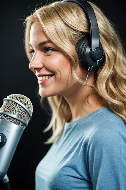 Ultra-realistic beautiful lady with a smile on her face, podcast artist, blonde wavy hair, speaking into microphone, right profile potrait
