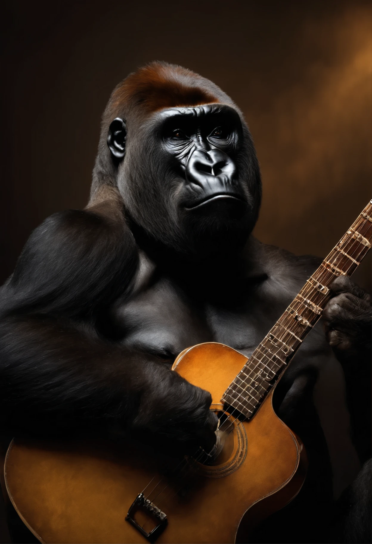 (a gorilla:1.1),(playing a guitar),(best quality,ultra-detailed),(realistic:1.37),(artistic portrait),(vivid colors),(warm tones),(studio lighting)
