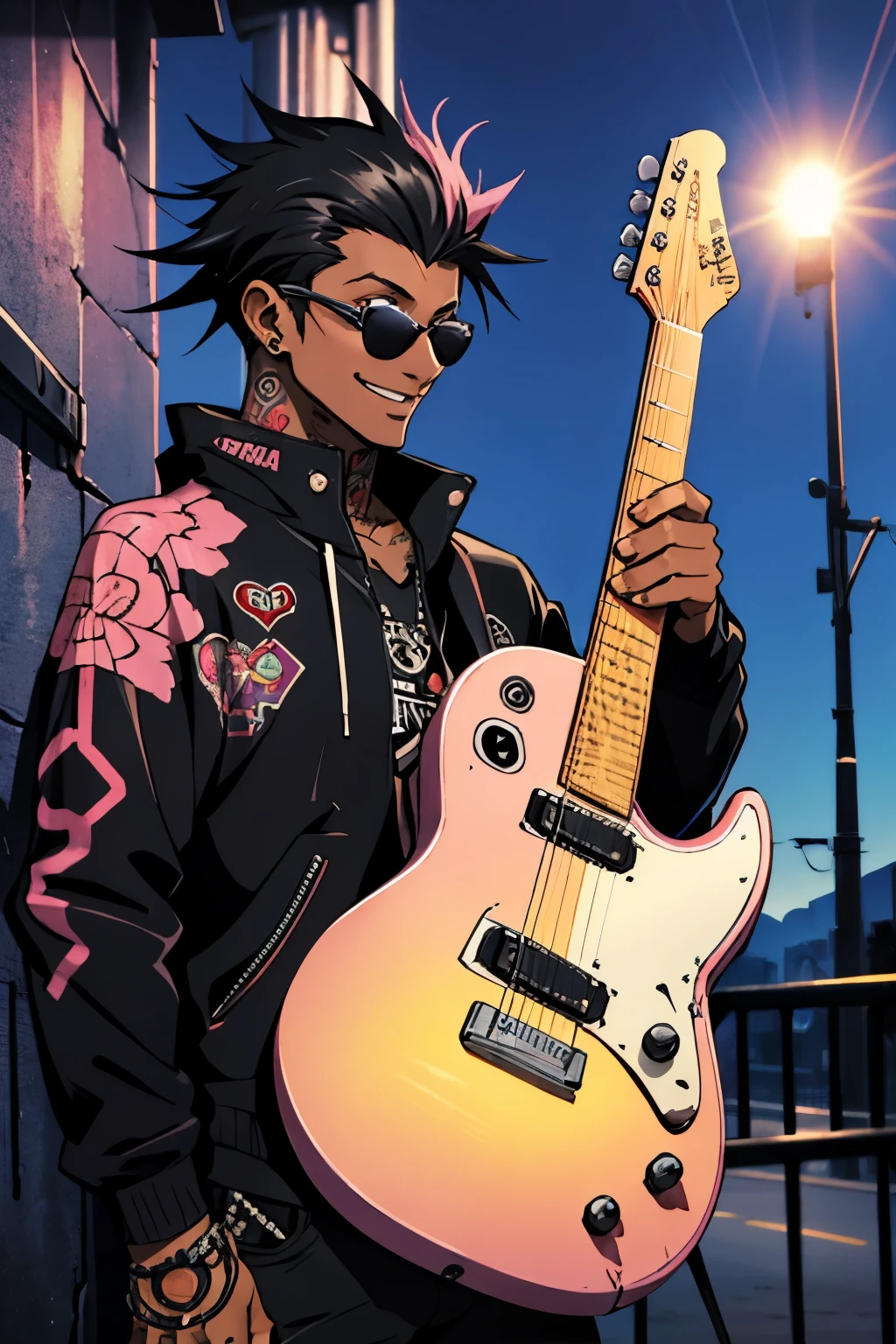 Black young man, punk clothes, cool sun glasses, punk hair, black hair, pink hair, piercings, tattoo, smile, guitar, Night, dark place, black man