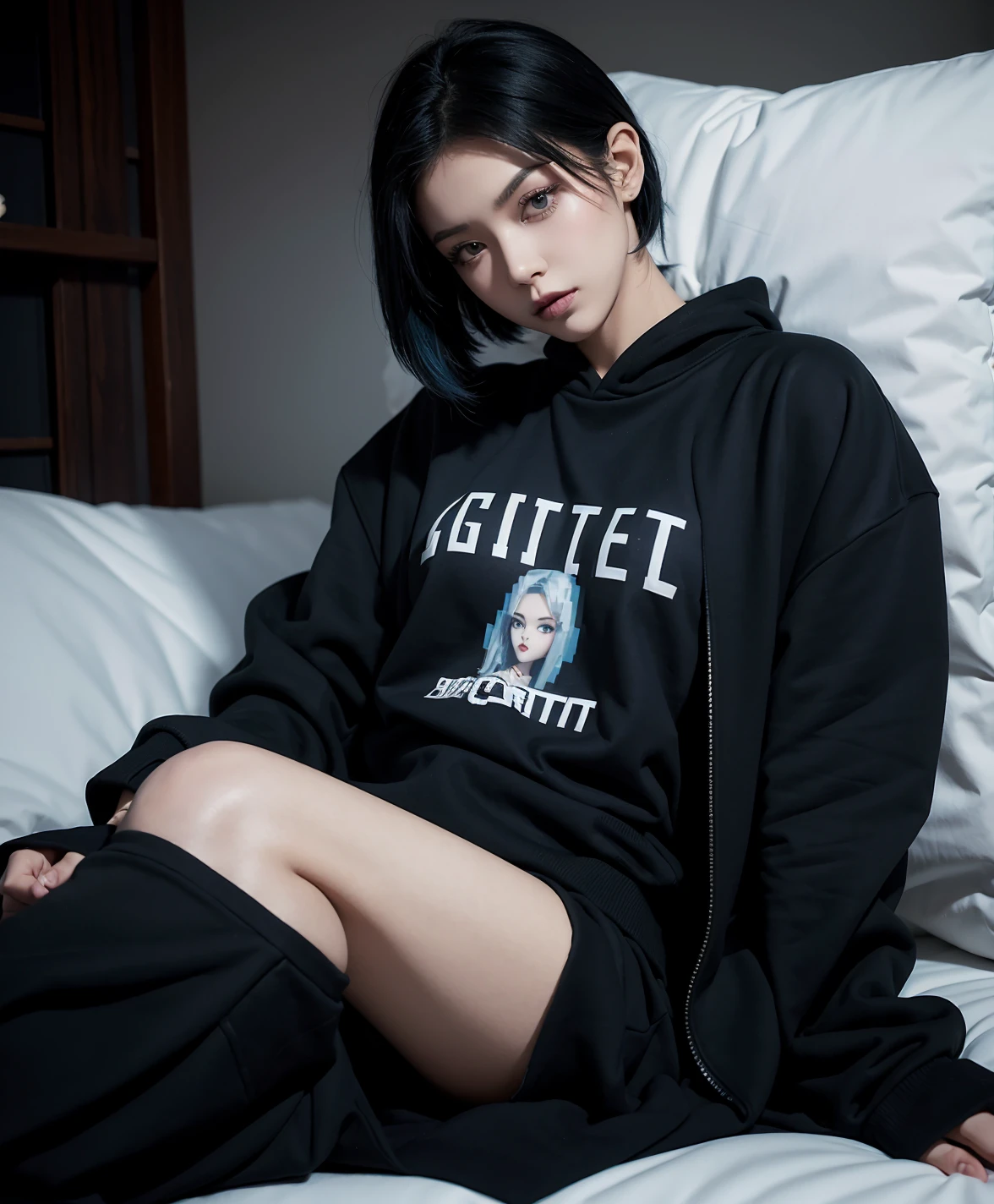 (pixelart: 1.2), beautiful gothic women, sexy goth girl, designer sweatshirt coat with logos, pants, short black hair with blue tips, bedroom, lying in bed, (by Isaac quek: 0.8) [by Ilya Kuvshinov: 0.65]