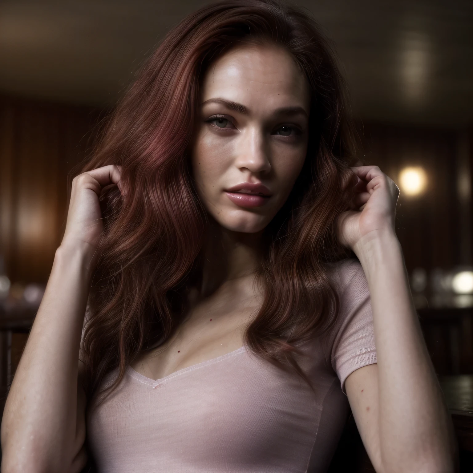 (1 Frau, 26 Jahre alt, dyed long red hair, Mischung aus 10% Megan Fox und 15% Gal Gadot und 20% Blake Lively, 172cm height, 68kg Gewicht, weiches, lockiges, intensiv langes rotes Haar, clear green eyes, lange dunkelschwarze Wimpern, perfekt geformte dunkelschwarze Augenbrauen, dunkle, karamellfarbene Haut, schlank und gut definiert, elegant thin nose, kleine Ohren, vollen Lippen, White teeth, kleine, weiche, ladylike hands, painted fingernails), (((wearing a pink jogging suit with a shirt:1.0))), (Sehr detailliertes Gesicht:1.4) (Smile:0.7), (Hintergrund innen dunkel, Barraum:1.3), Nikon D850, Filmarchivfoto ,4 Kodak Portra 400 ,Kamera f1.6 Objektiv ,Satte Farben ,hyperrealistisch ,Lebensechte Textur, dramatische Beleuchtung , Cinestill 800,