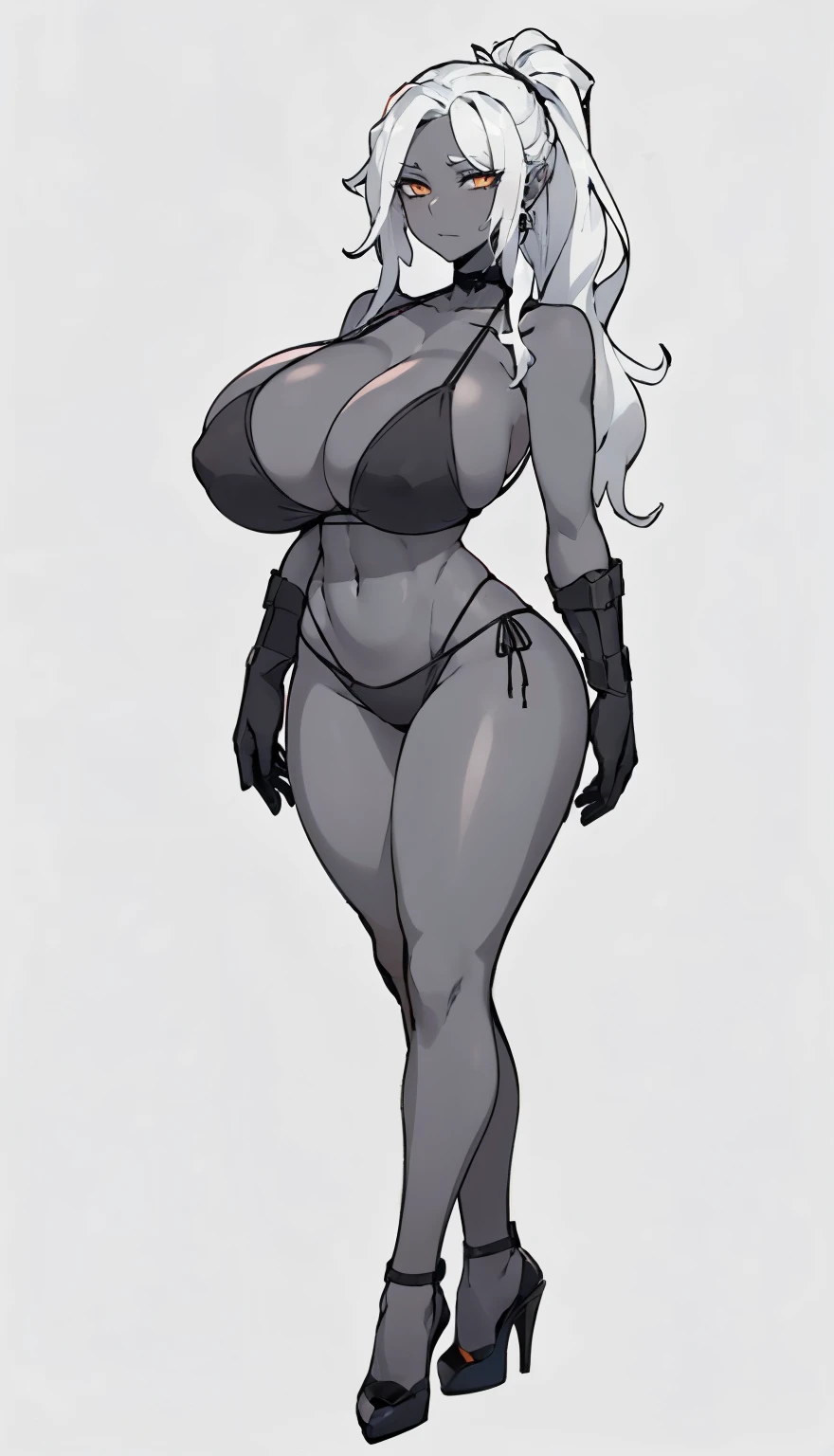 SFW, ((black grey skin Drow)) (bikini), (gigantic breasts, huge breasts, Big breast), firm breasts, arms behind back, (white_hair, orange_eyes), long ponytail, full_body, solo, gloves, high heels