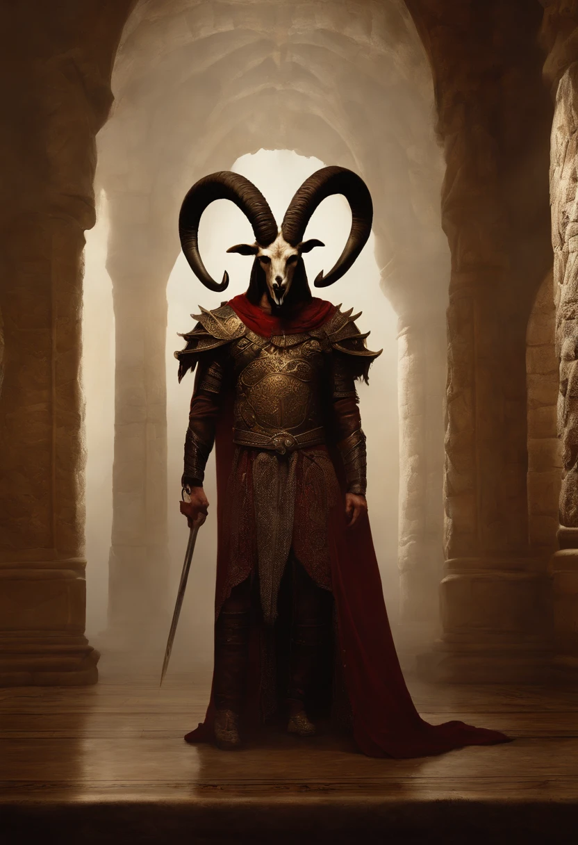 a goat-headed demon with large horns, parte superior do corpo forte e forte, demon peles, peles, ((garras, asas)), demonic armor, respingos de sangue, skulls on the floor, standing in a blood ritual, medieval, Sala escura, luz difusa, obra de arte, realista, oil painting, semelhante a Deus, mal, sinistro hd