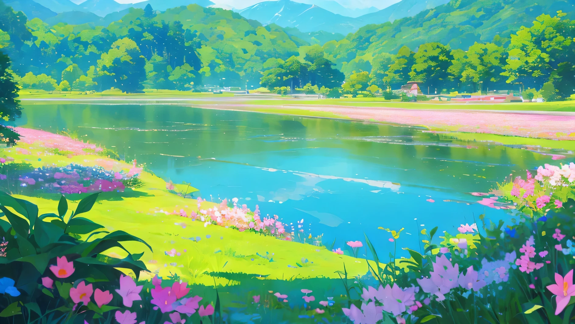 valley ghibli beautiful background flowers and plants, a lake with flowers