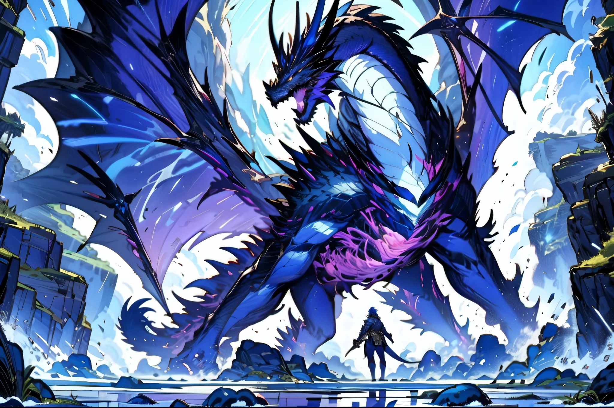 epic confrontation between an adventurer adorned in blue and silver lightweight armor wielding a magnificent radiant sword emitting indigo hues, and a colossal evil black dragon, The adventurer stands firm, facing the immense threat as the sky is shrouded in a dark mist, and the landscape of forests and cities crumbles under the destructive energy emanating from the dragon, Dramatic low-angle shot capturing the adventurer in heroic stance against the towering black dragon, emphasizing the scale and intensity of the battle, high definition, best quality, highres, ultra-detailed, ultra-fine painting, extremely delicate, professional, anatomically correct, creativity, RAW photo, UHD, HDR, 32k, Natural light, cinematic lighting, masterpiece-anatomy-perfect, masterpiece:1.5